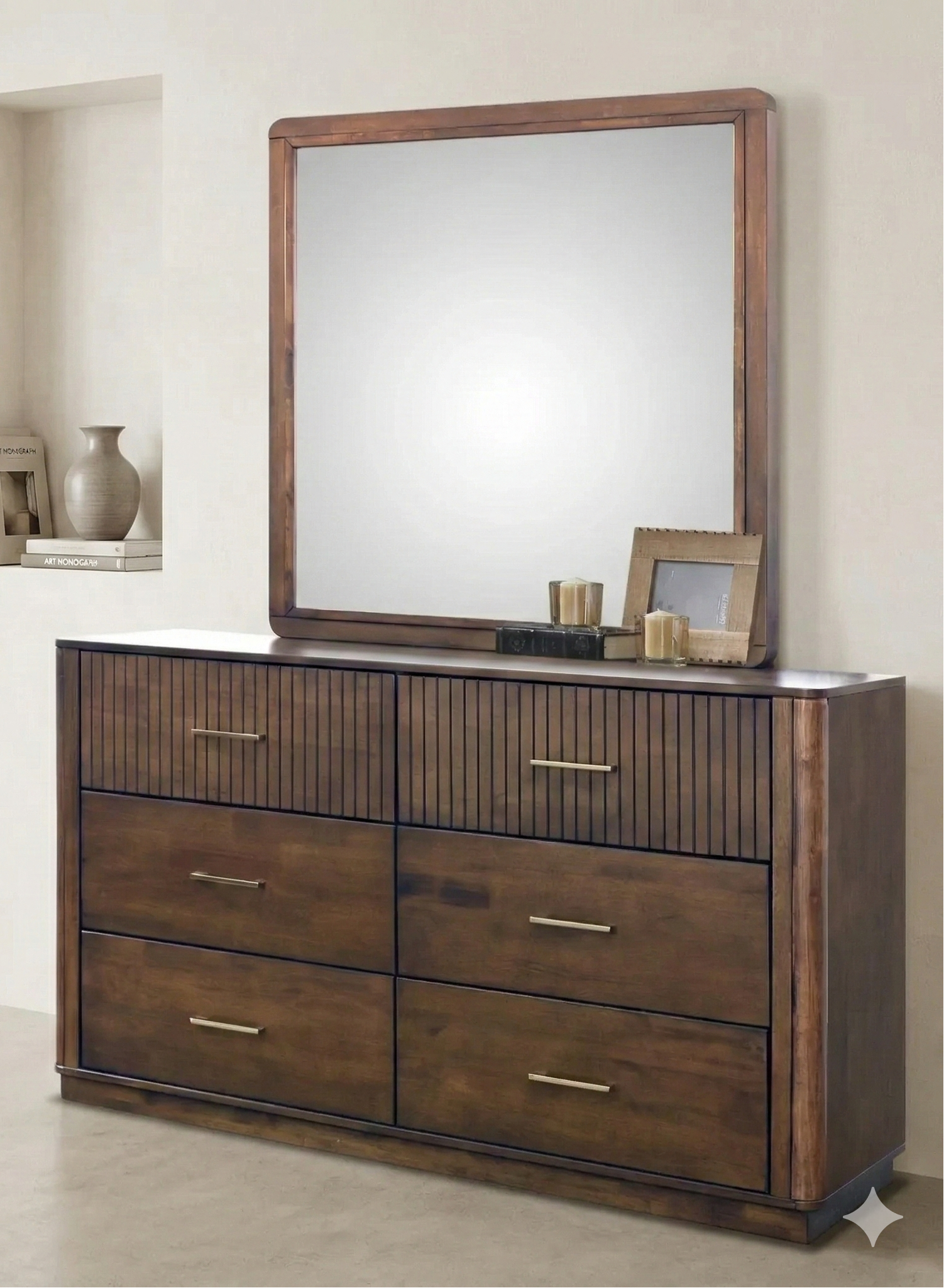 Wooden dresser with large mirror in a room setting