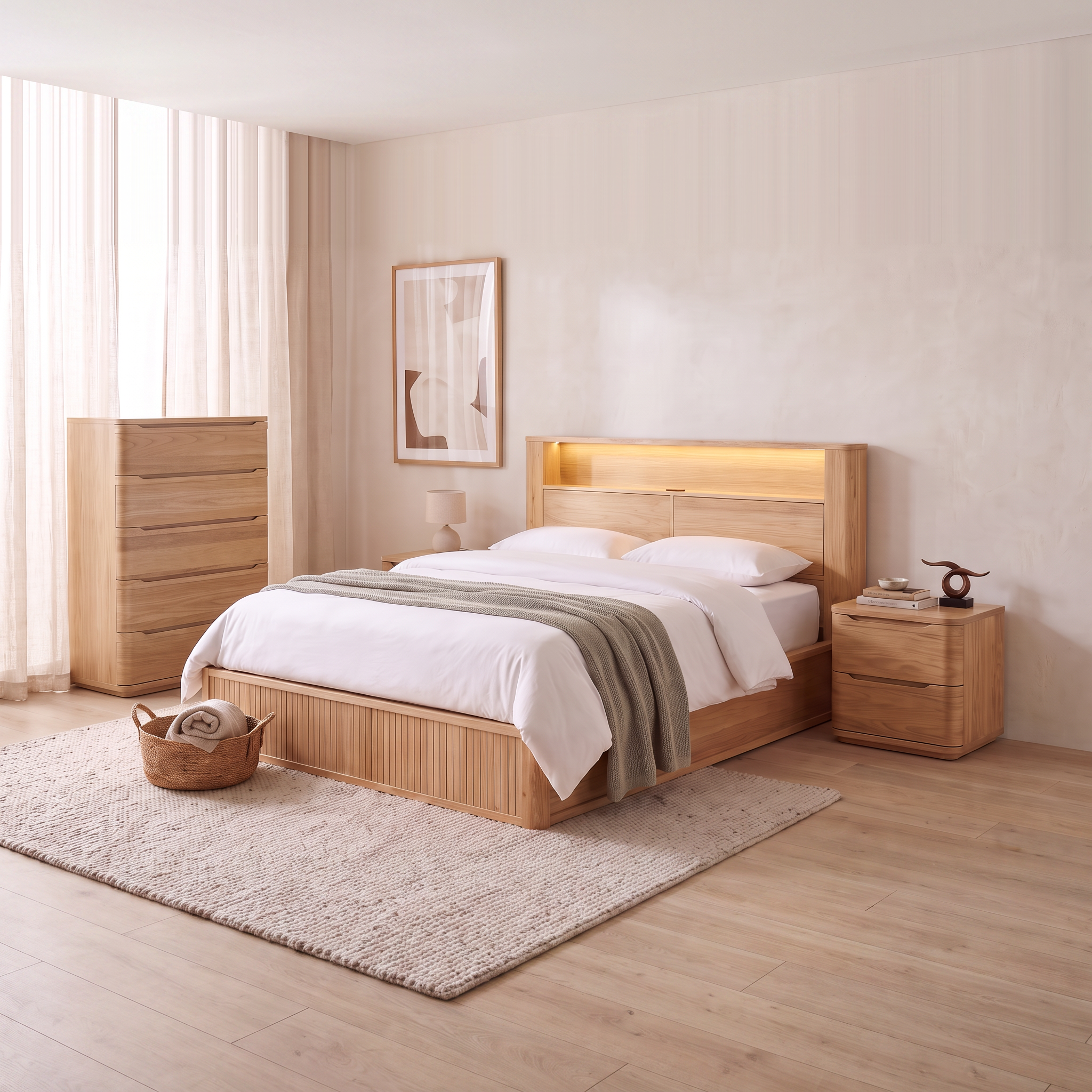 Canberra 4 Piece Tallboy Bedroom Suite in pale eucalyptus - LED-lit bookshelf gas lift bed frame, two matching two-drawer bedside tables and a five-drawer tallboy in a warm neutral bedroom - The A2Z Furniture
