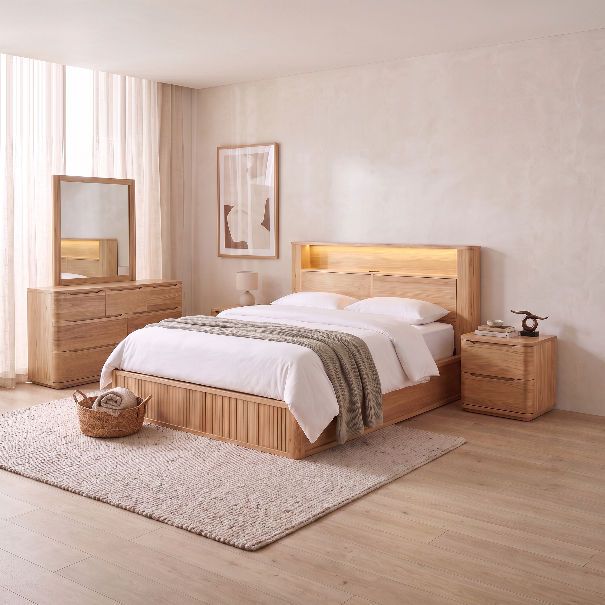 Canberra 4 Piece Dresser Bedroom Suite in pale eucalyptus - LED-lit bookshelf gas lift bed frame, two matching bedside tables and a seven-drawer dresser with its framed mirror in a warm neutral bedroom - The A2Z Furniture