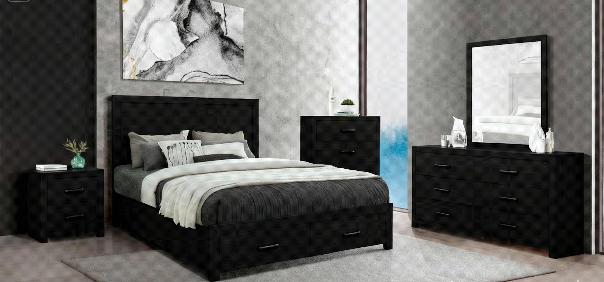 Black bedroom furniture set with bed, nightstands, and dresser in a room.