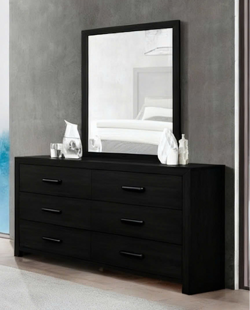 Black dresser with a large mirror on a gray wall