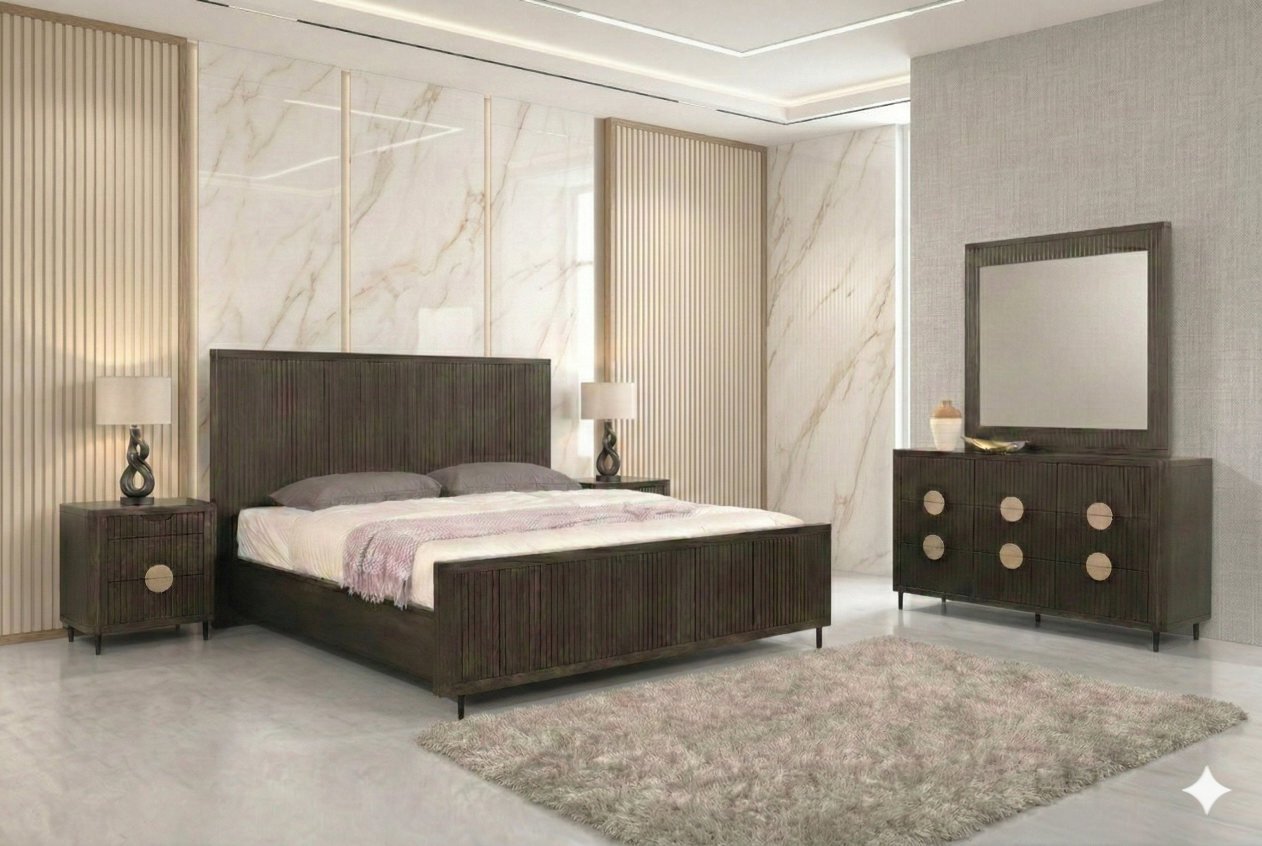 Modern bedroom set with wooden bed, nightstands, and dresser in a stylish room.