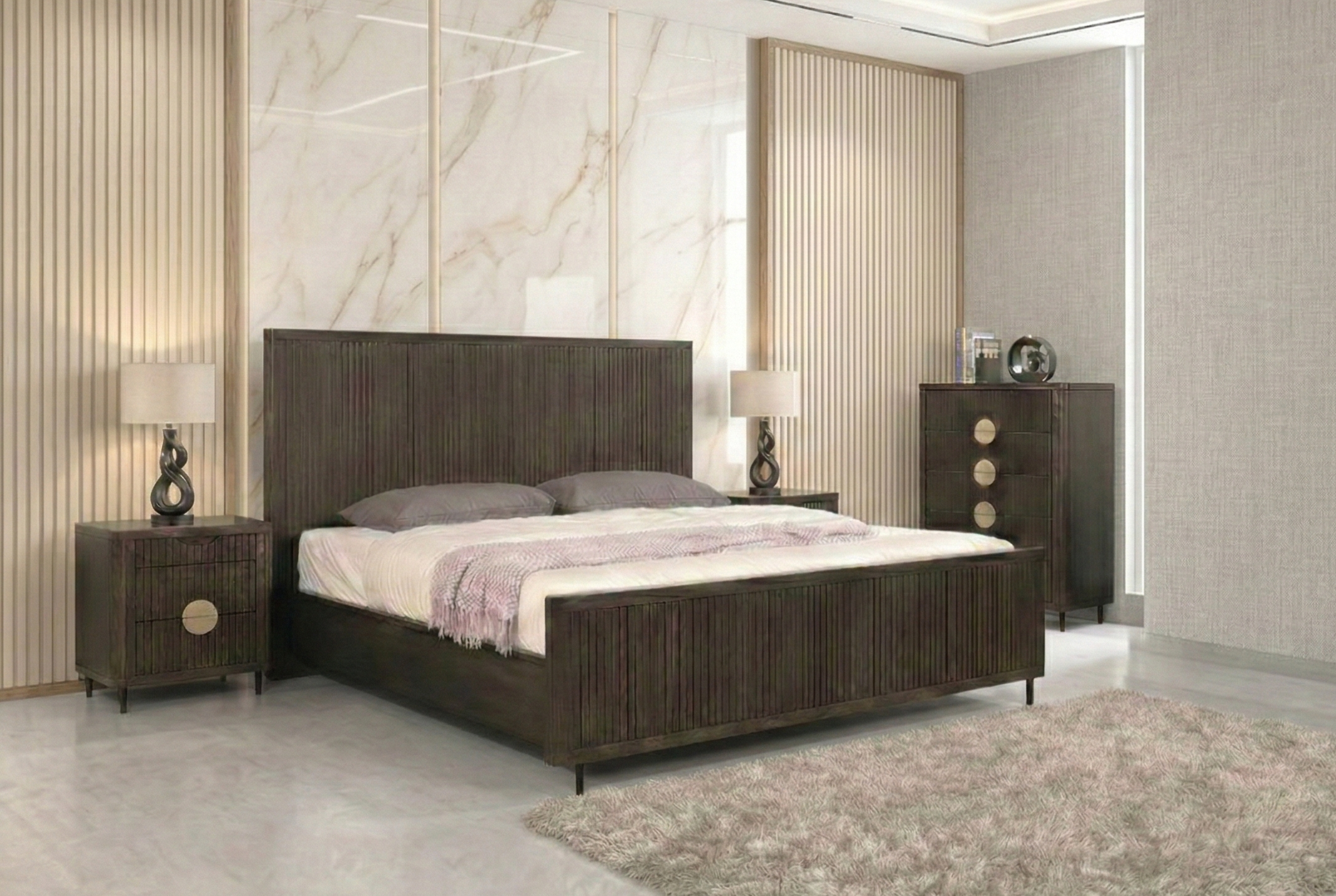 Modern bedroom with wooden bed, nightstands, and lamps.