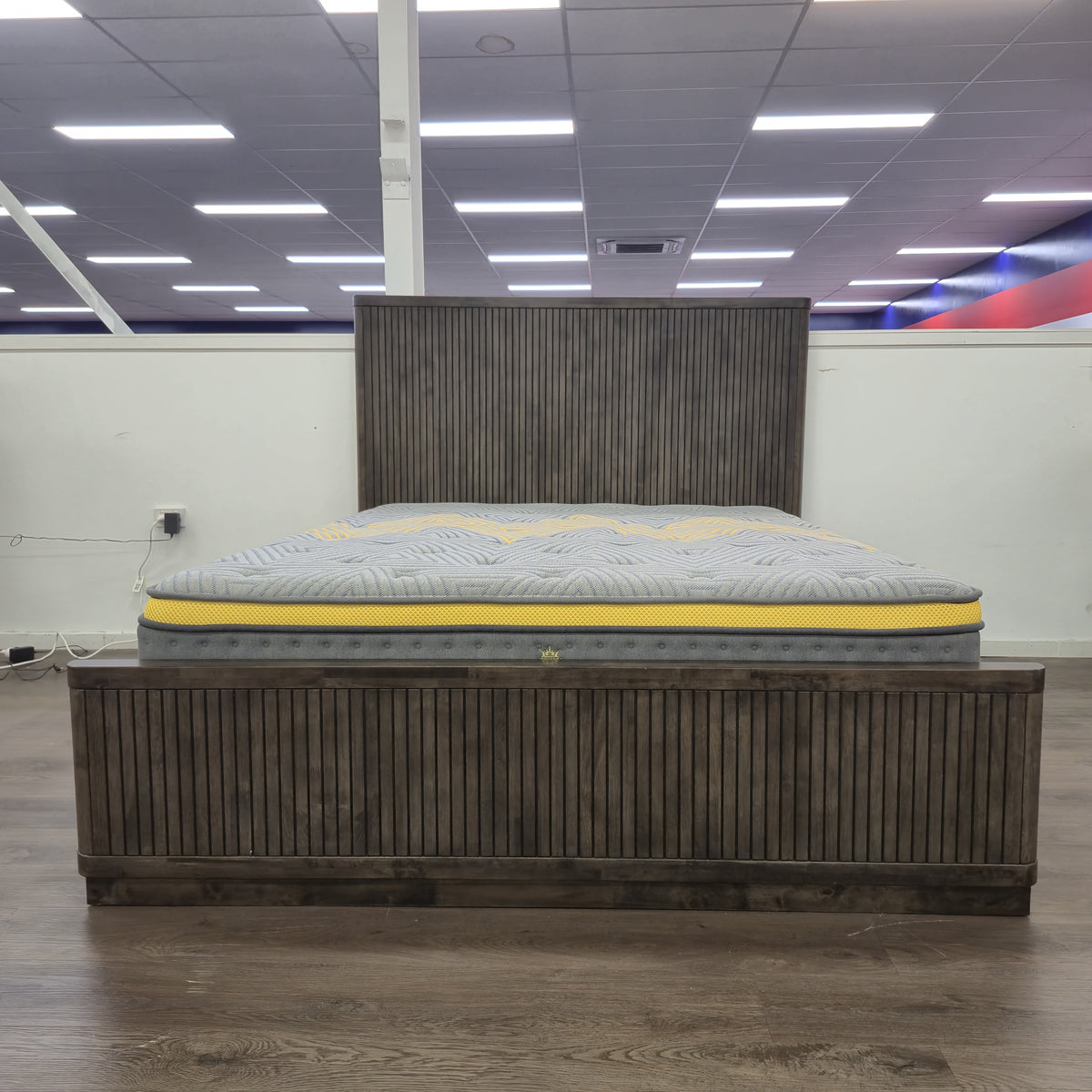 Cape Town Bed Frame front elevation in dark grey slatted timber, shown on display in The A2Z Furniture showroom (mattress shown not included)