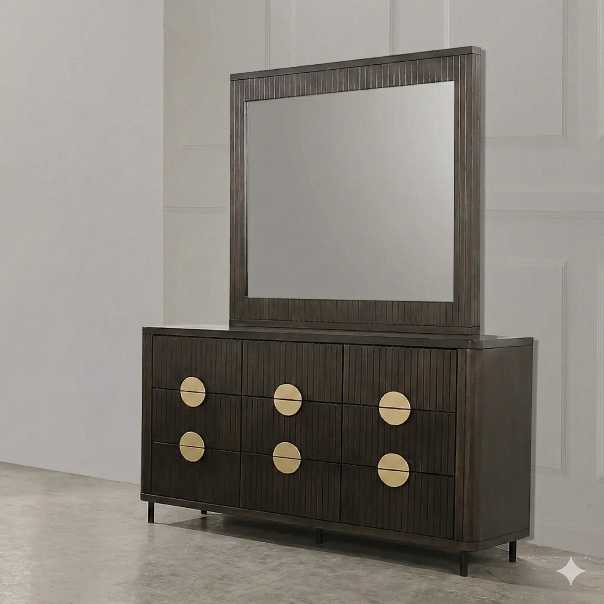 Wooden dresser with mirror featuring gold accents on a neutral background