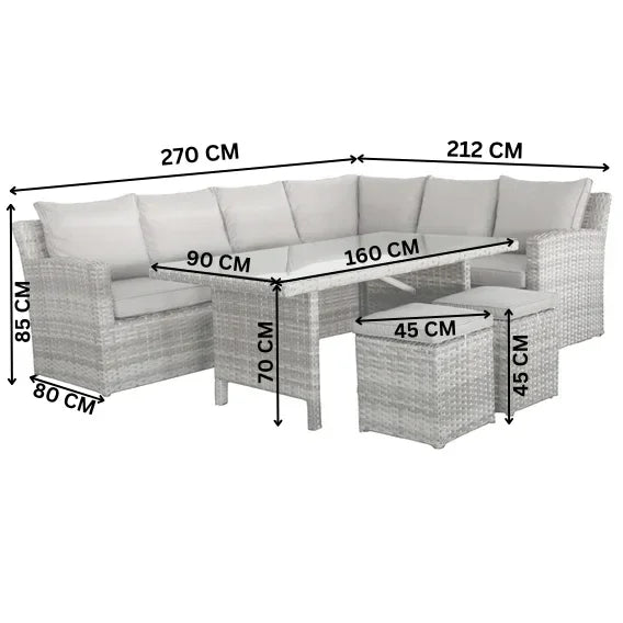 Outdoor furniture set with dimensions labeled on a white background