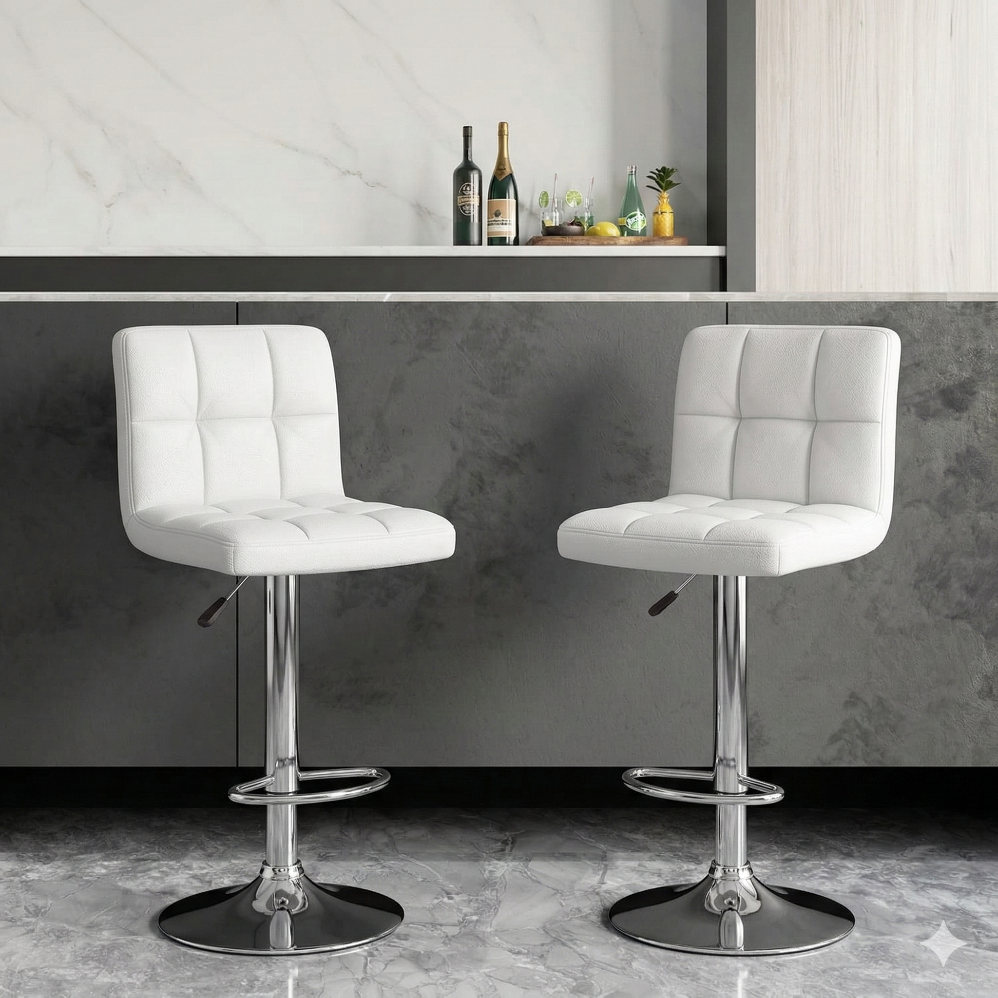 Two white bar stools in a kitchen setting with a gray backsplash.