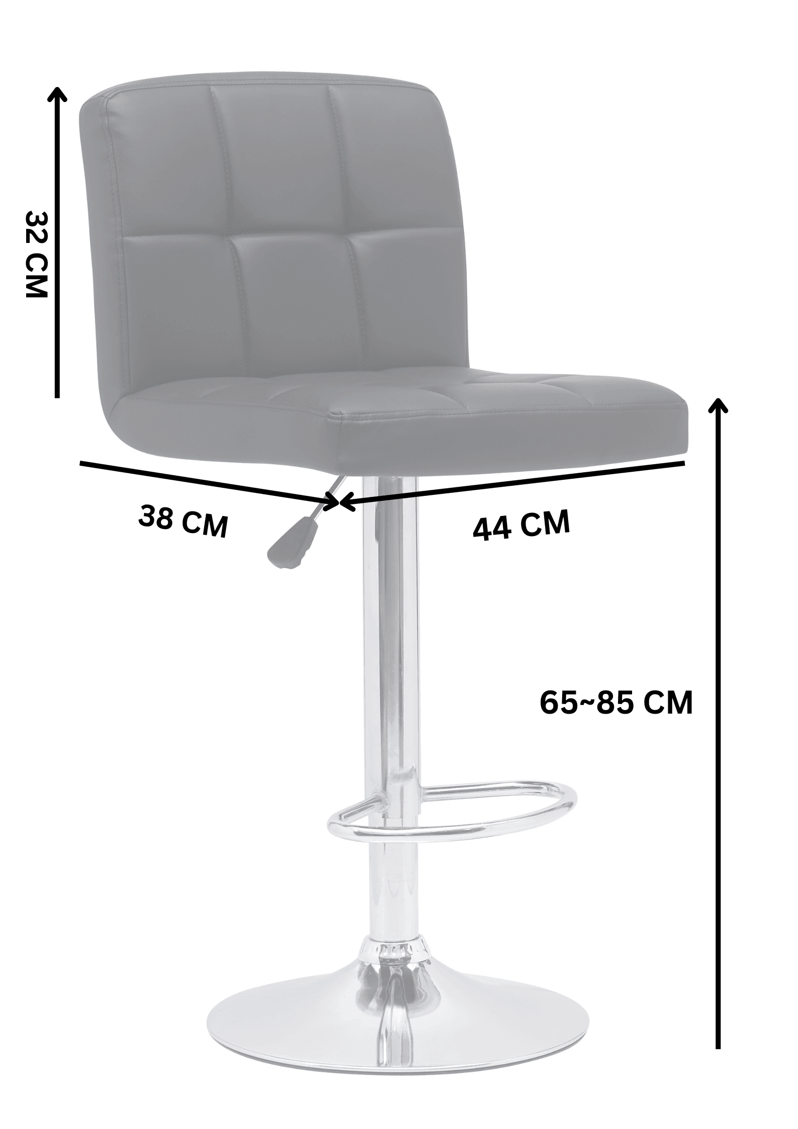 Modern adjustable bar stool with chrome base, black seat and labelled dimensions in centimeters