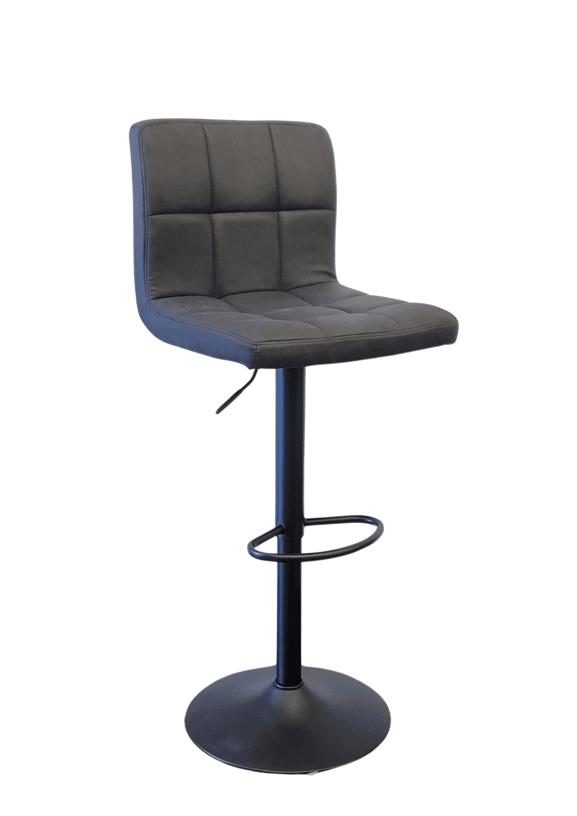 Modern black bar stool with cushioned seat, square stitching, and metal footrest