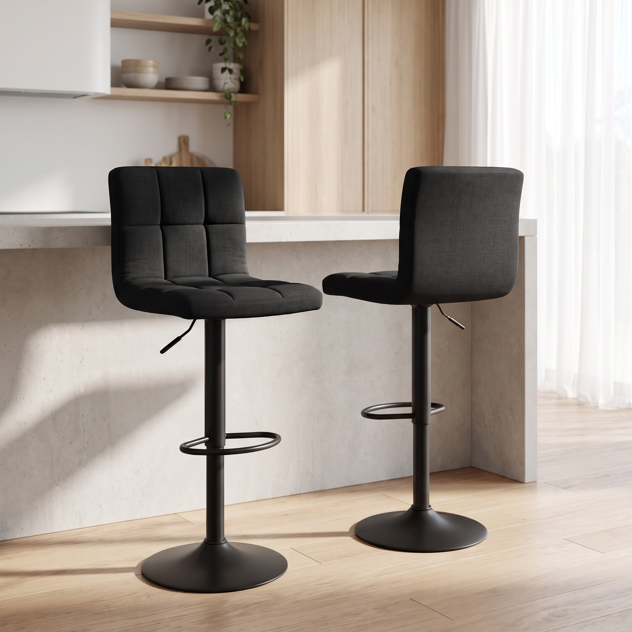 Carnival Bar Stools in black grid-quilted fabric with matte black gas lift bases at a kitchen bench