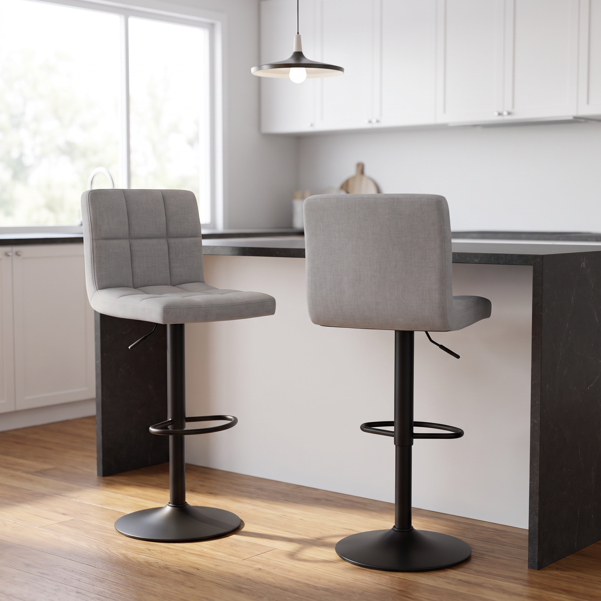 Carnival Bar Stools in grey grid-quilted fabric with matte black gas lift bases at a kitchen island
