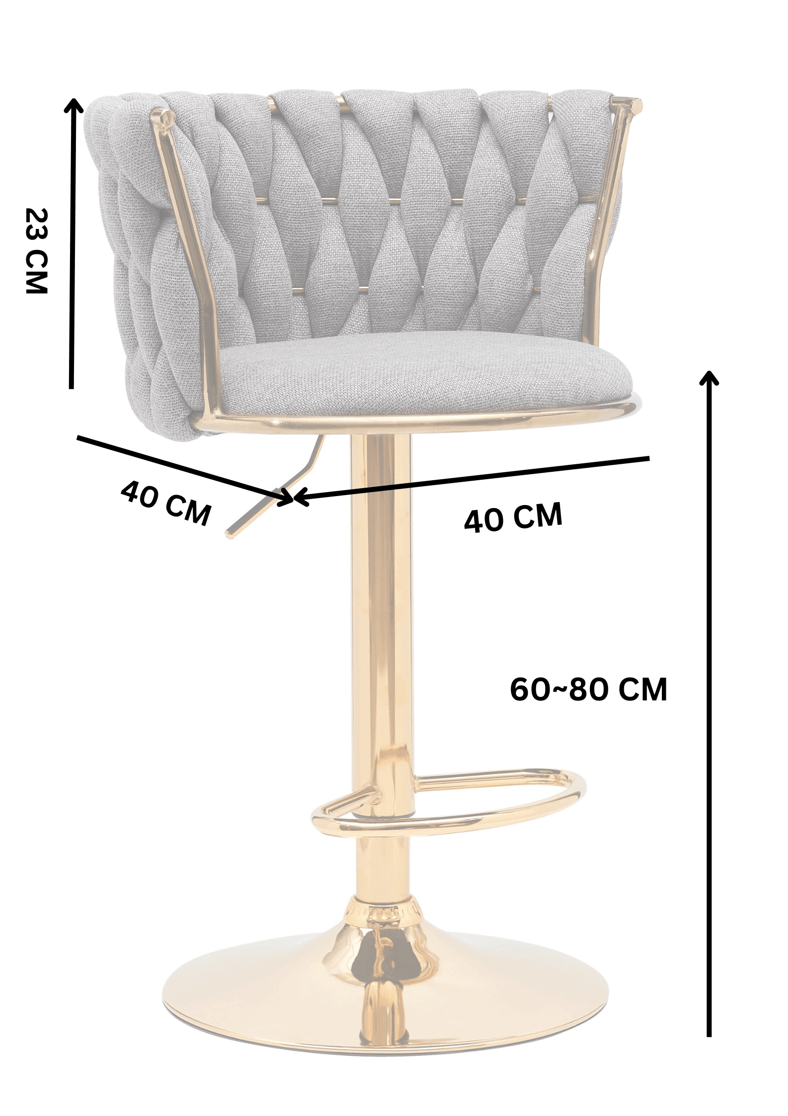 Modern bar stool with gold base, tufted grey backrest, and dimensions labeled in centimeters