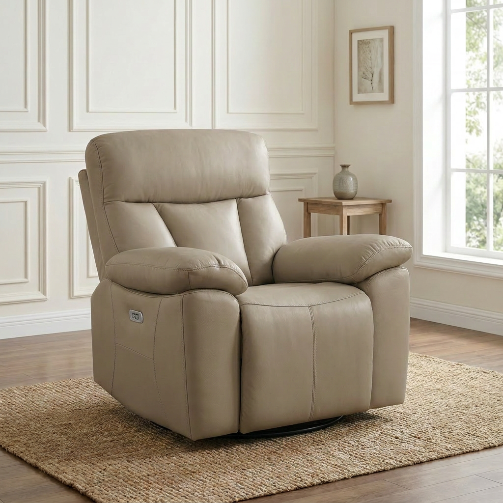 Limestone Swivel Electric Leather Recliner Chair in Tan leather on a 360-degree swivel base, styled in a bright living room