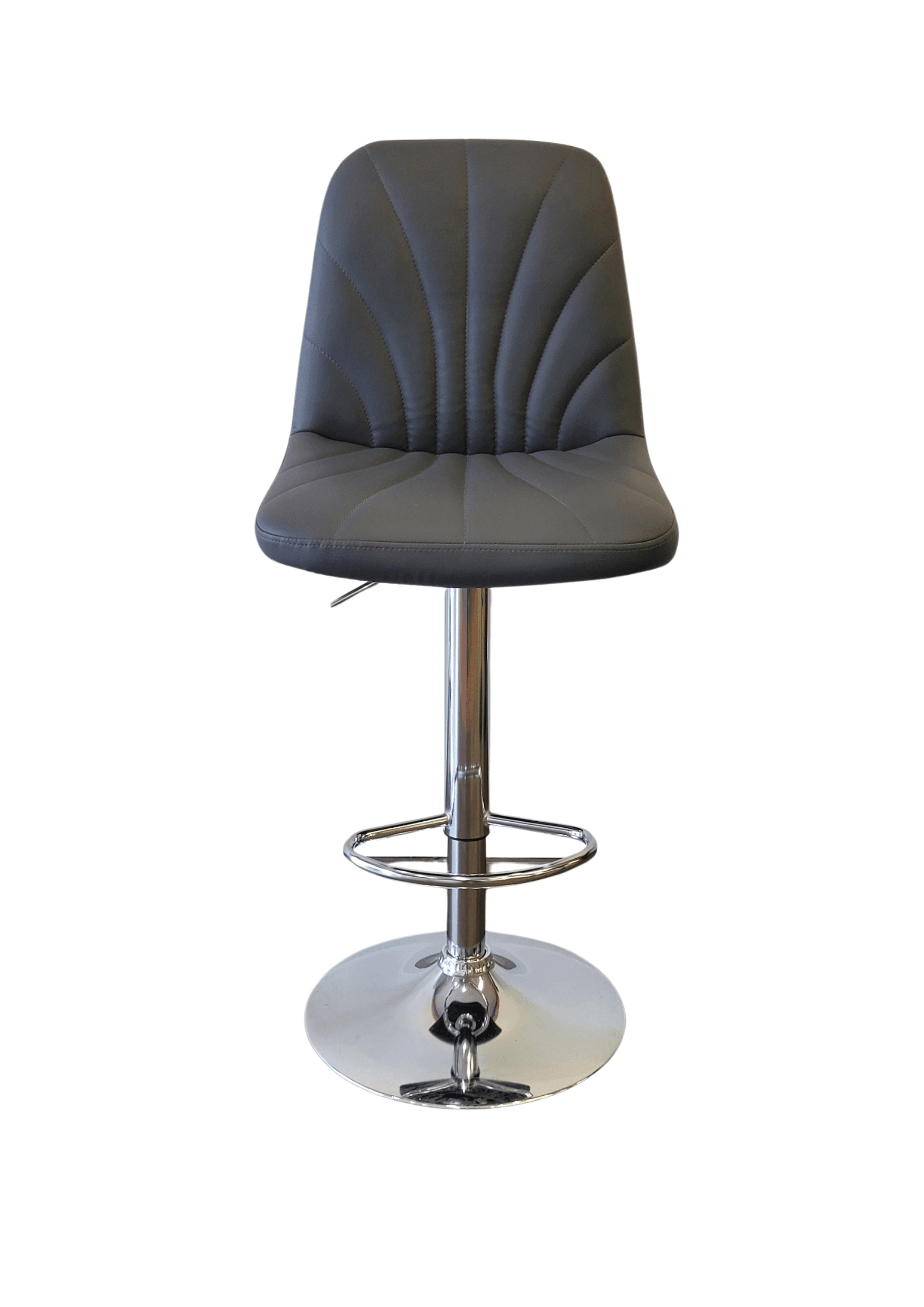 Modern black bar stool with padded seat and chrome base, adjustable height, on white background