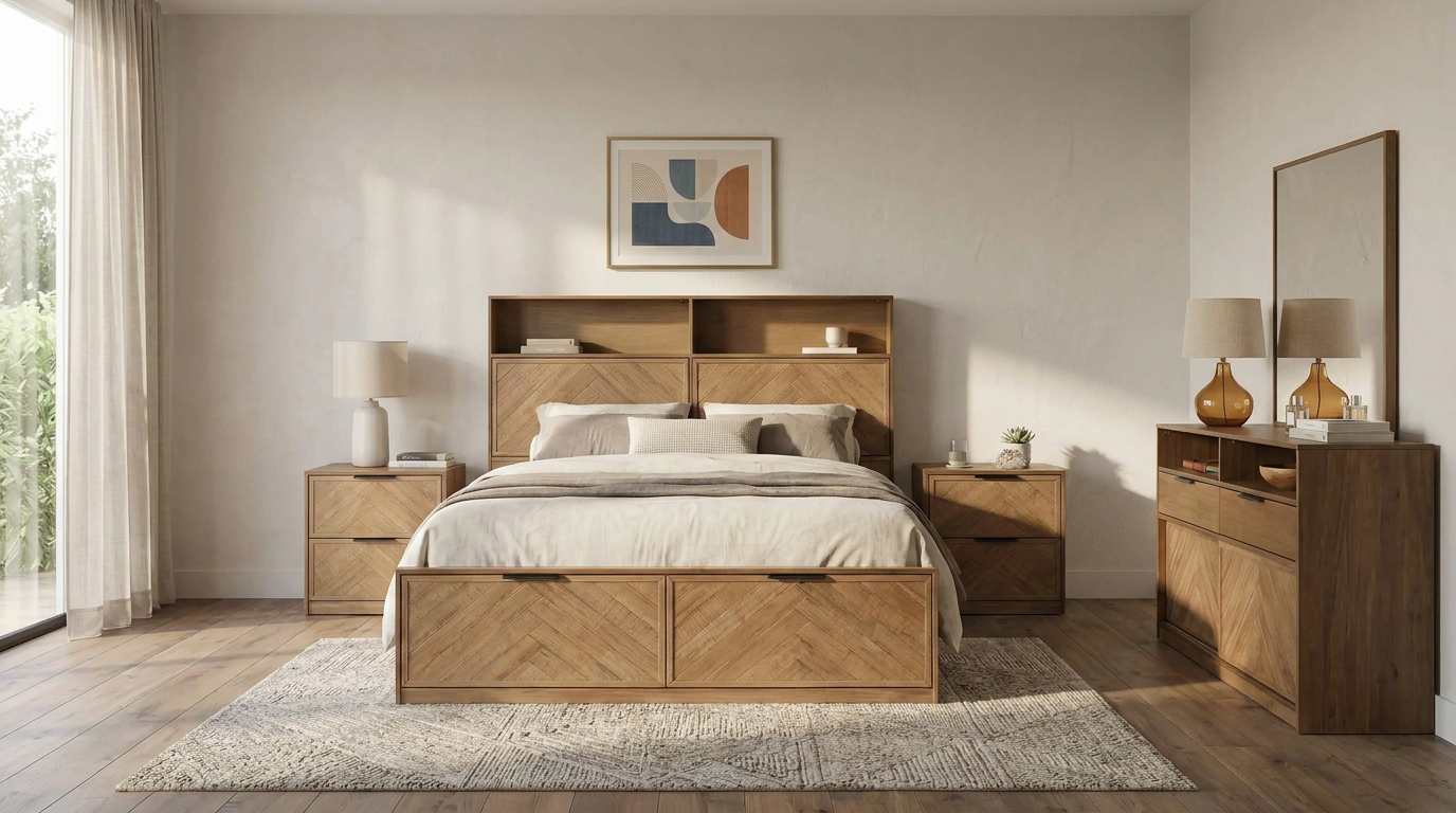 Cleveland 4 Piece Dresser Bedroom Suite styled in a contemporary bedroom, showing the bed, both bedside tables and dresser with mirror together