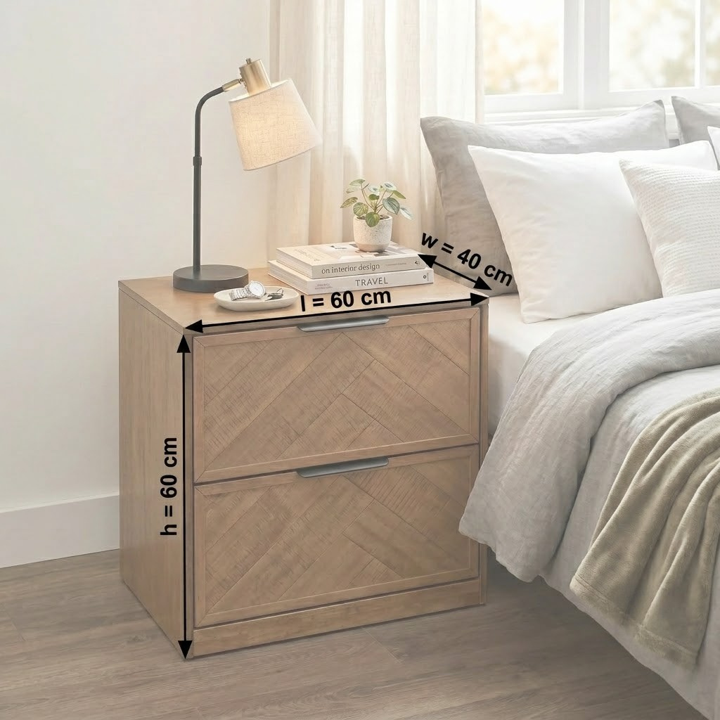 Cleveland Bedside Table dimension diagram showing 60cm length, 40cm width and 60cm height