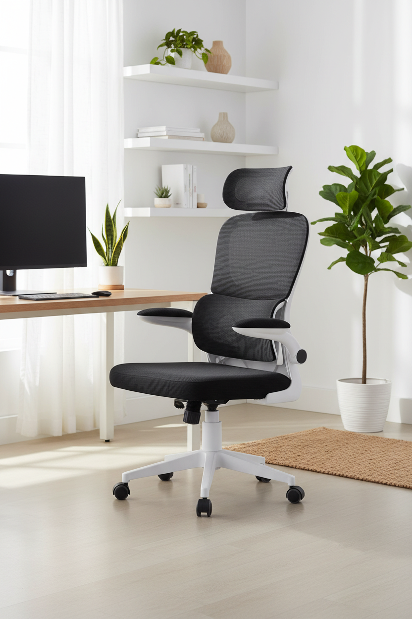 Black office chair in a modern home office setting with a desk and plants.