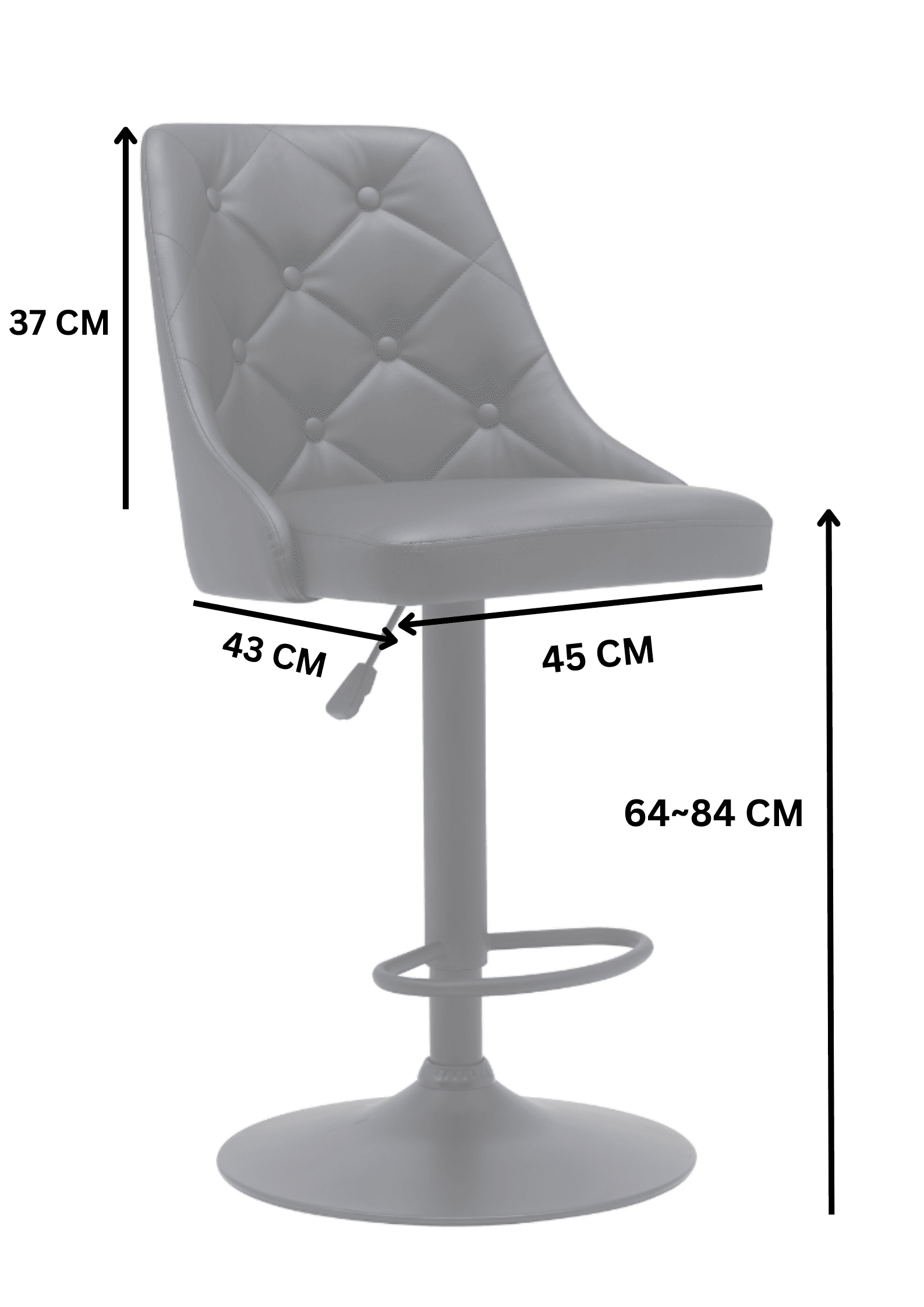 Grey padded bar stool with tufted backrest, adjustable height and seat dimensions labeled