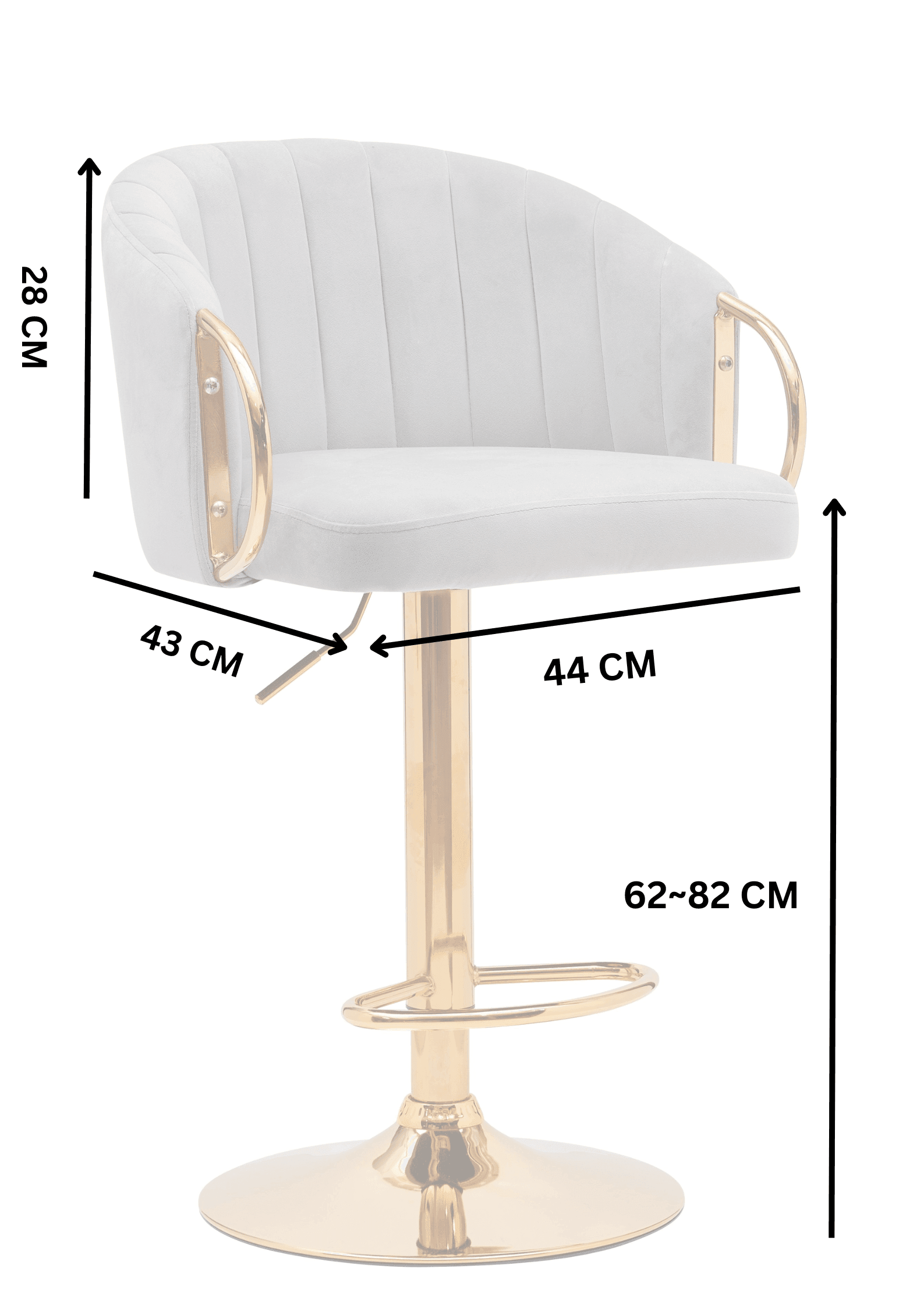 Modern grey velvet bar stool with gold metal base and armrests, labeled dimensions in cm