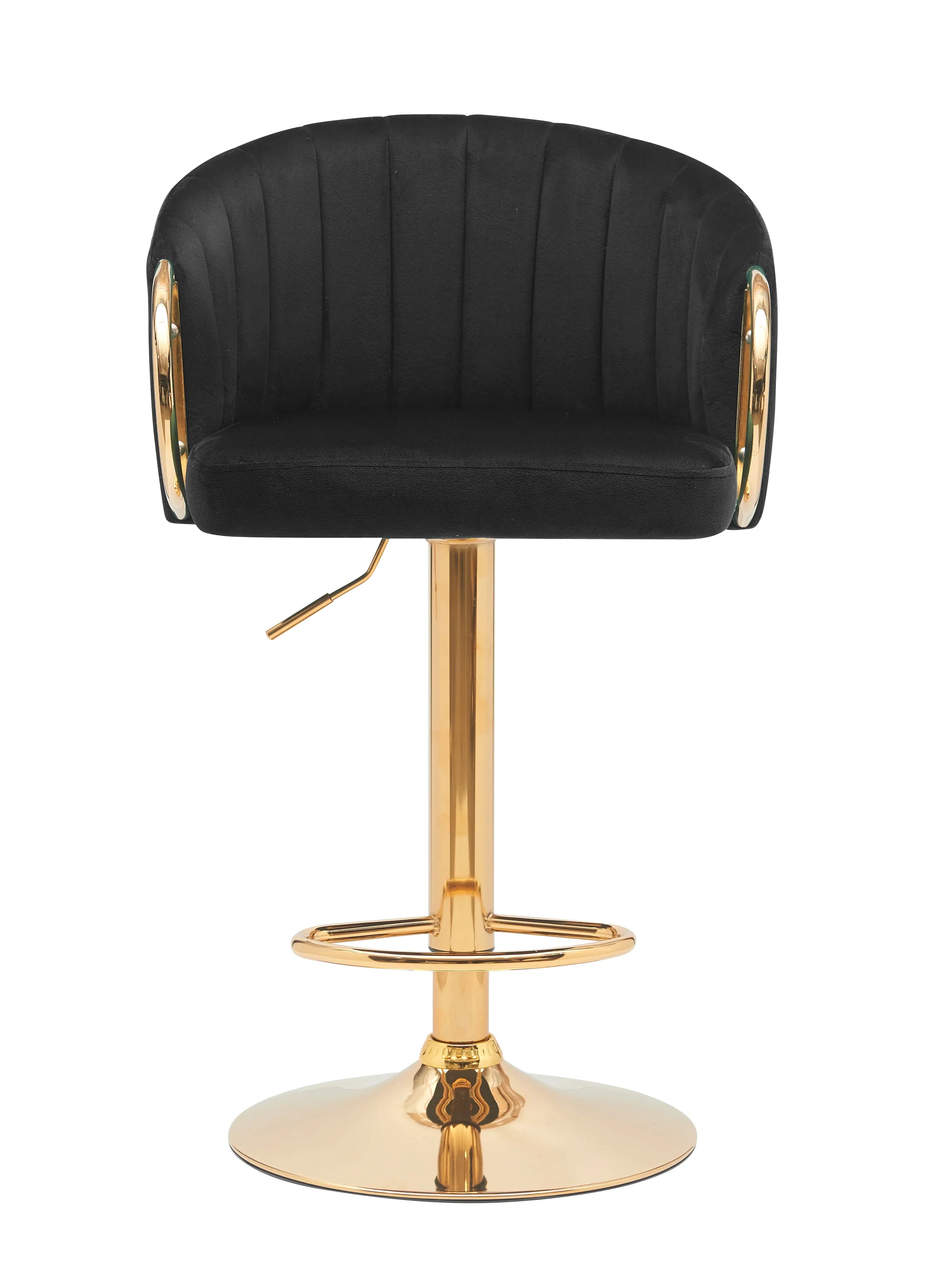 Black velvet bar stool with gold metal base and footrest, modern lounge furniture