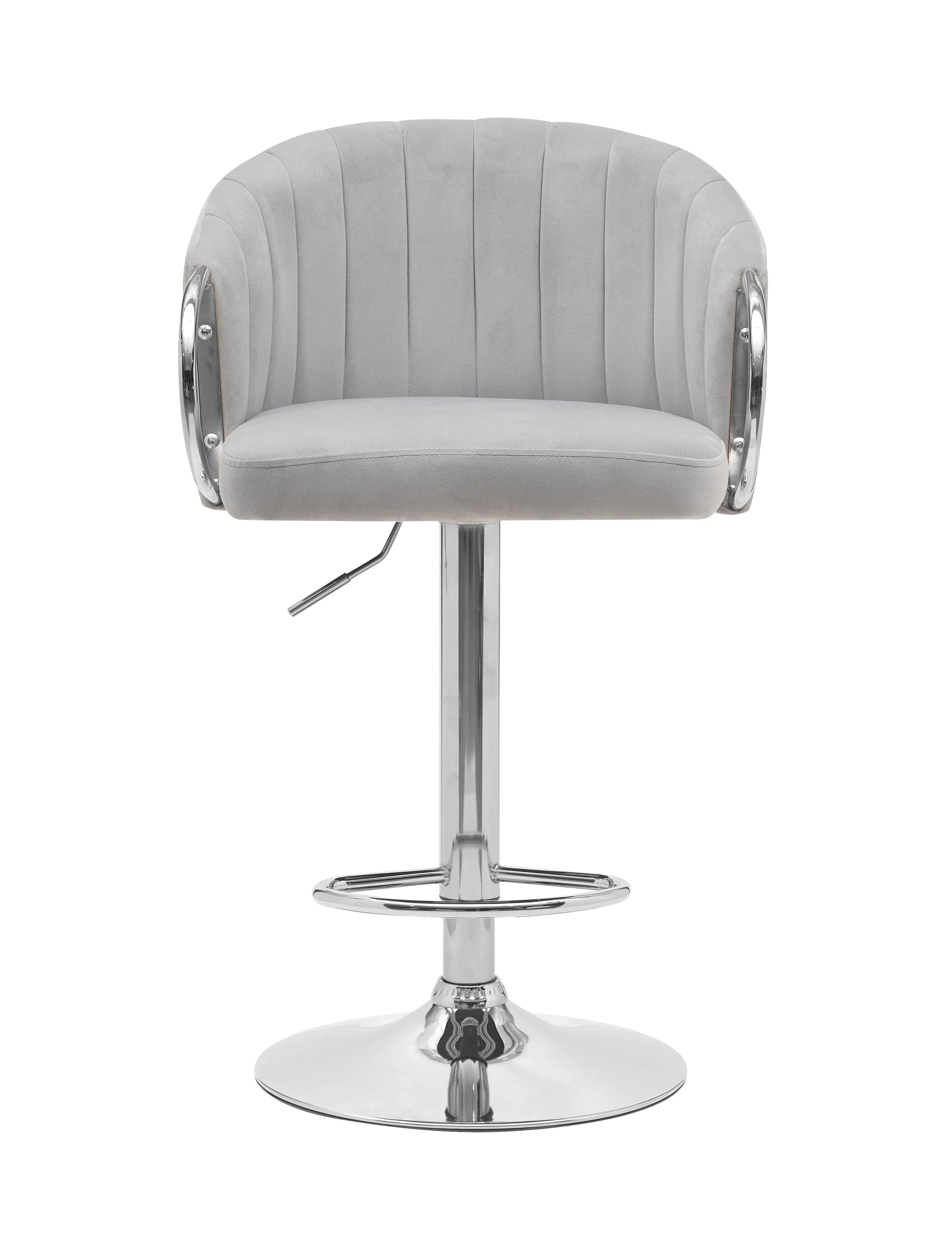 Modern grey velvet bar stool with chrome base and footrest, curved backrest design
