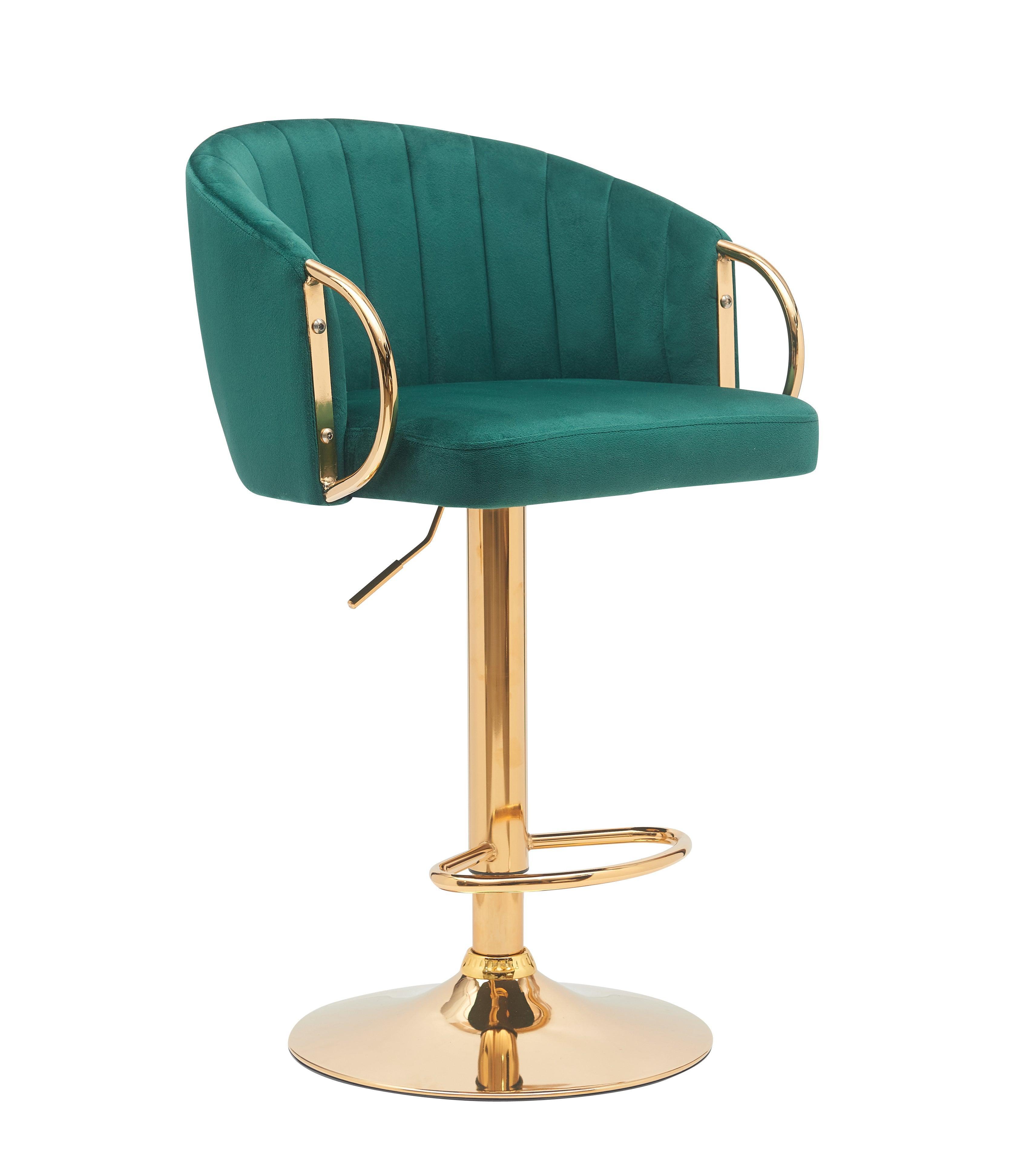 Columbia Bar Stool - Grey and Green Velvet Fabric - Gas Lift Adjustable - Golden Chromed Base - Modern Kitchen Bar Stool
