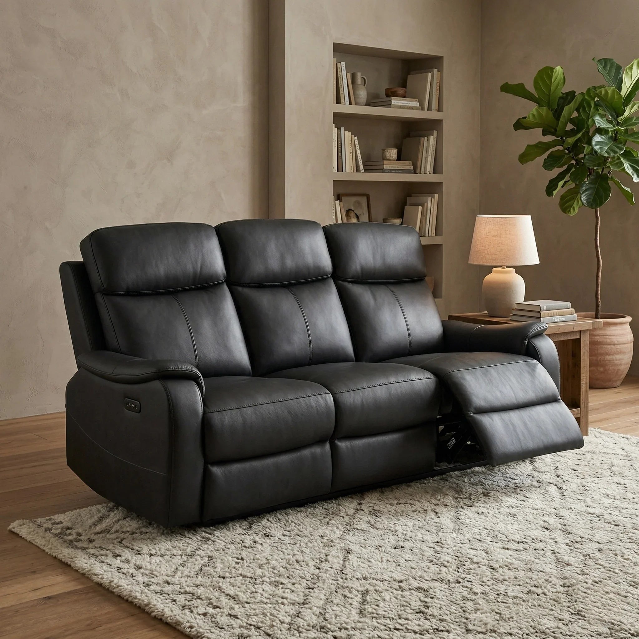 Concord 3 Seater Leather Electric Recliner Lounge in black leather with three cushioned seats, one seat extended as a recliner, placed in a cozy living room setting with a plant and lamp nearby.
