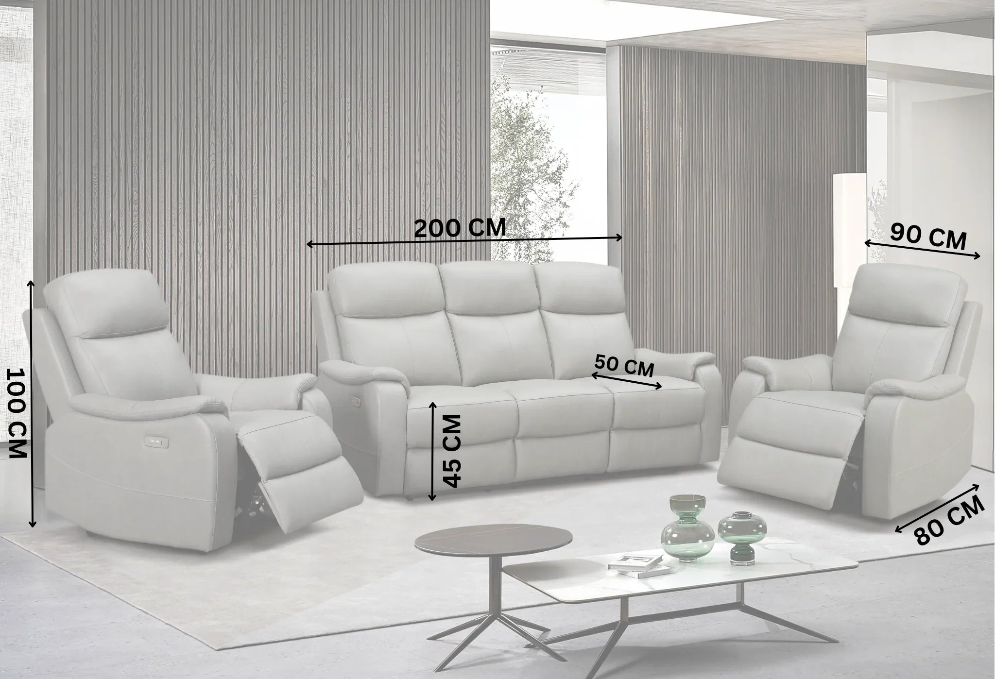 Gray sofa set with dimensions marked in a room setting