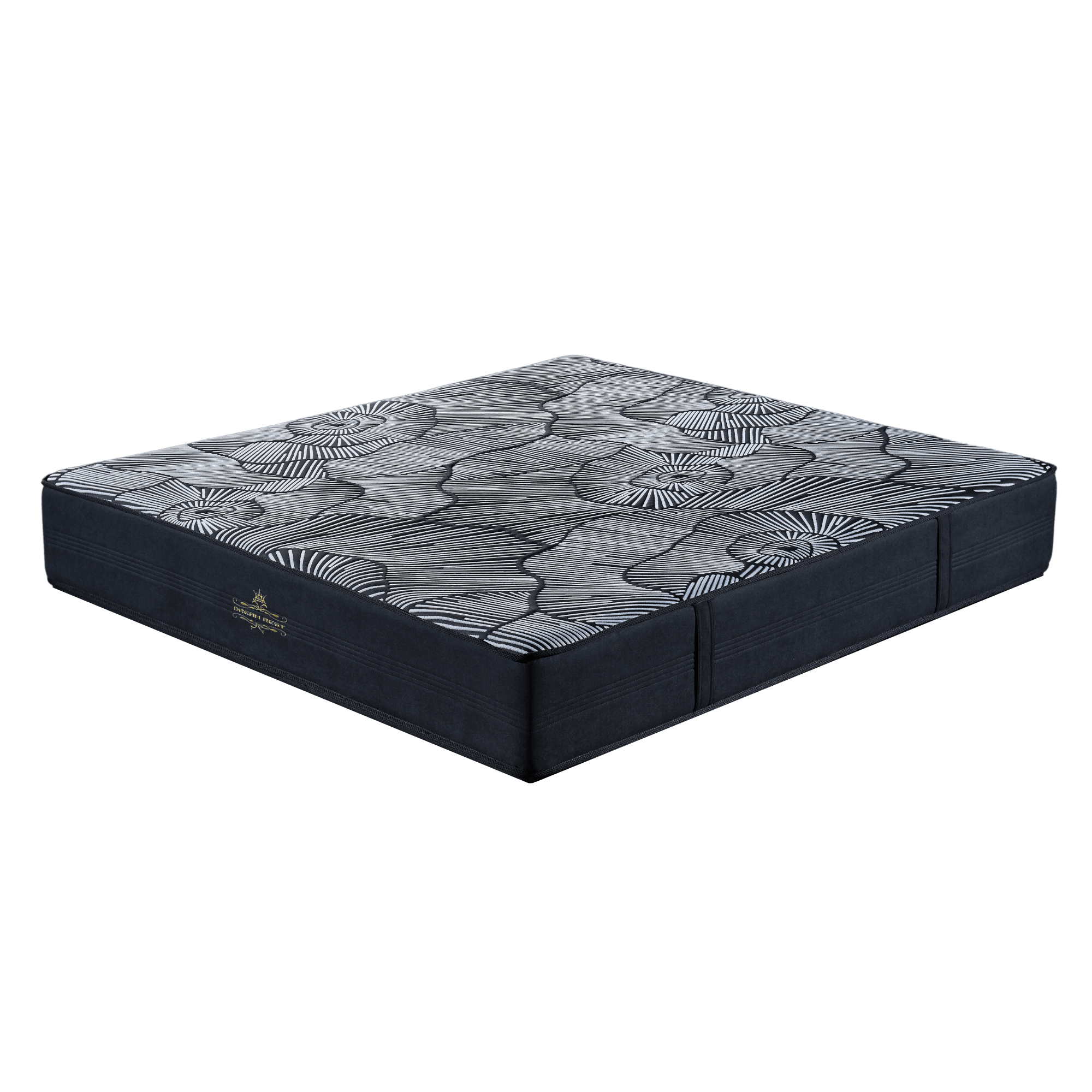 Modern queen mattress with geometric pattern and dark fabric border on white background