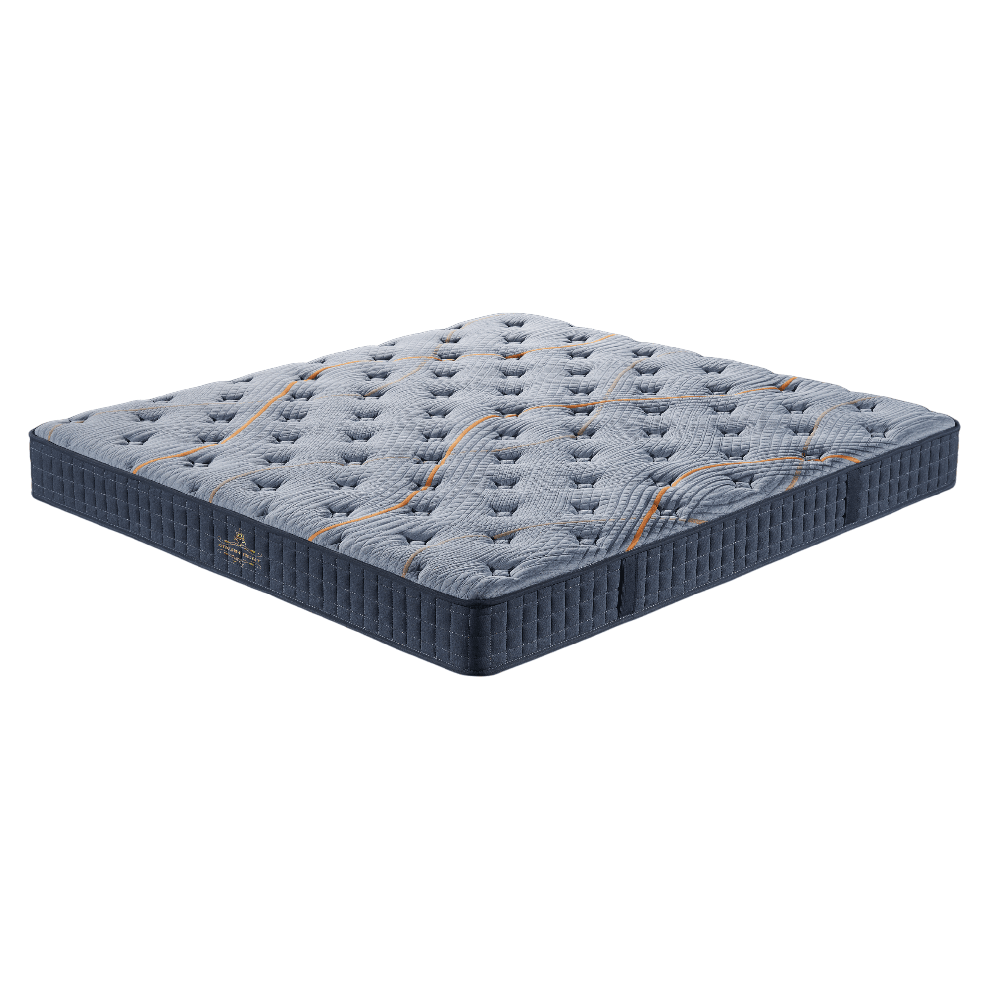 Modern grey mattress with quilted top and orange accent lines, bedroom furniture