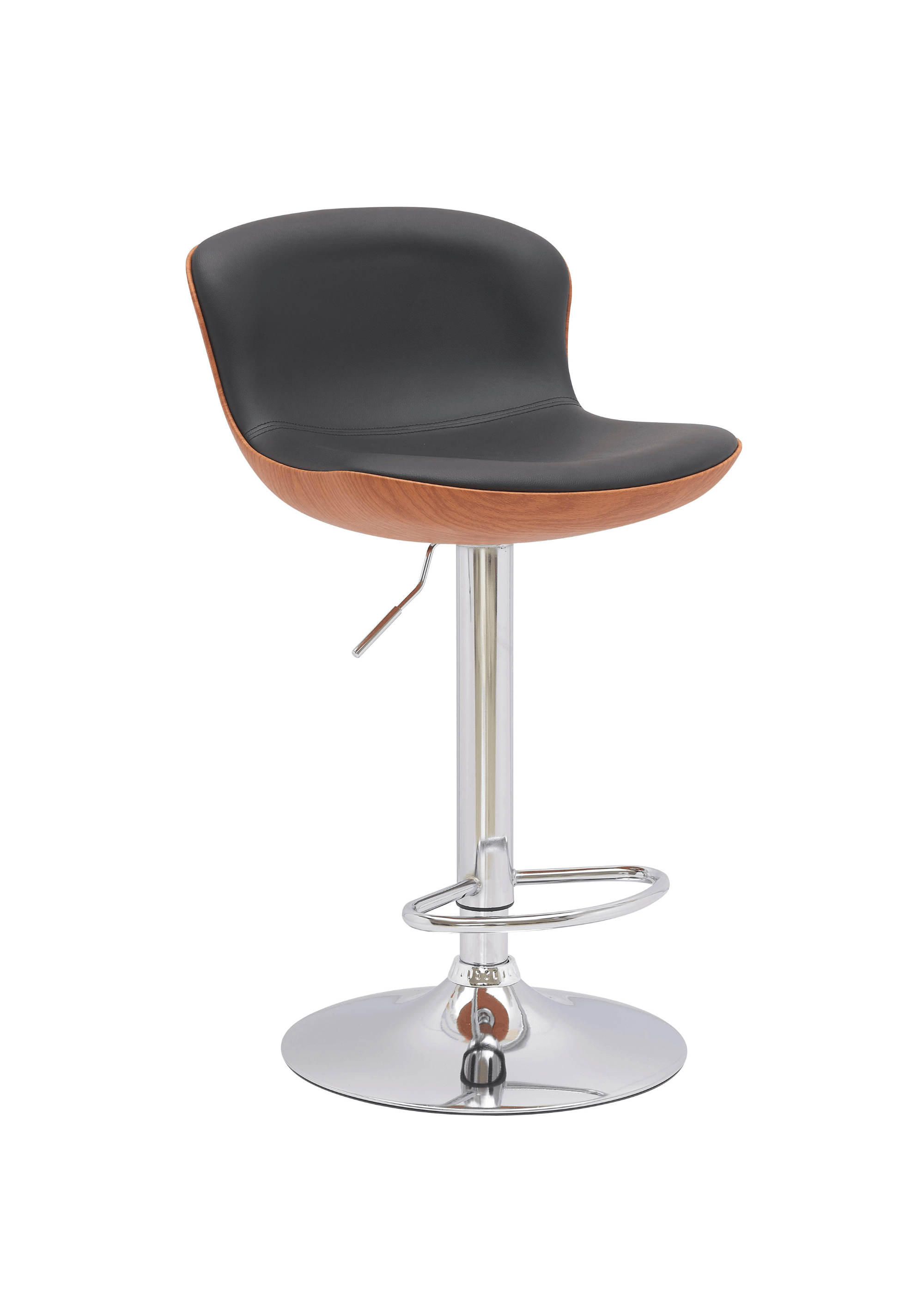 Modern bar stool with black cushioned seat, wood accent, chrome base, and footrest