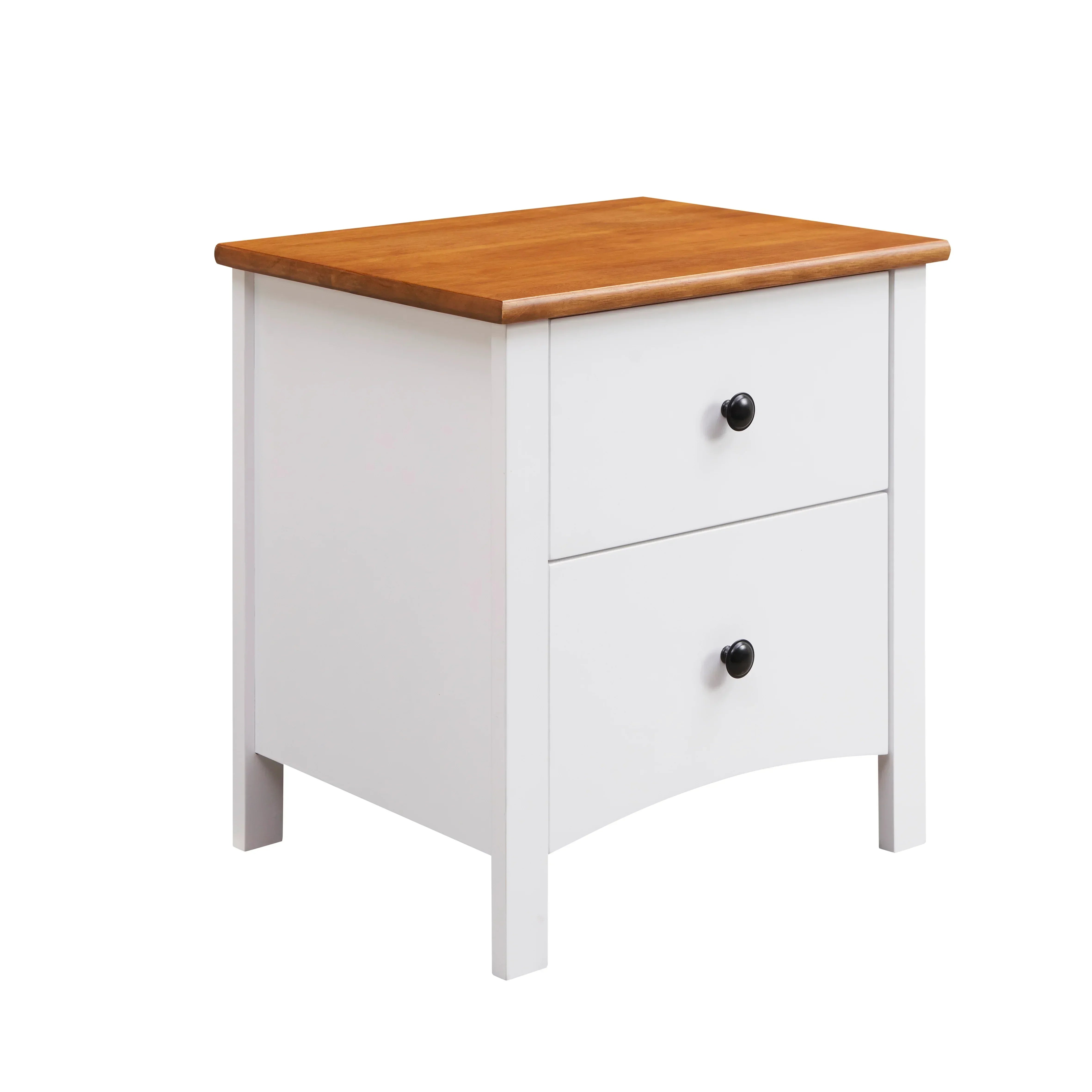 Two-drawer white bedside table with natural wood top and black knobs on a white background