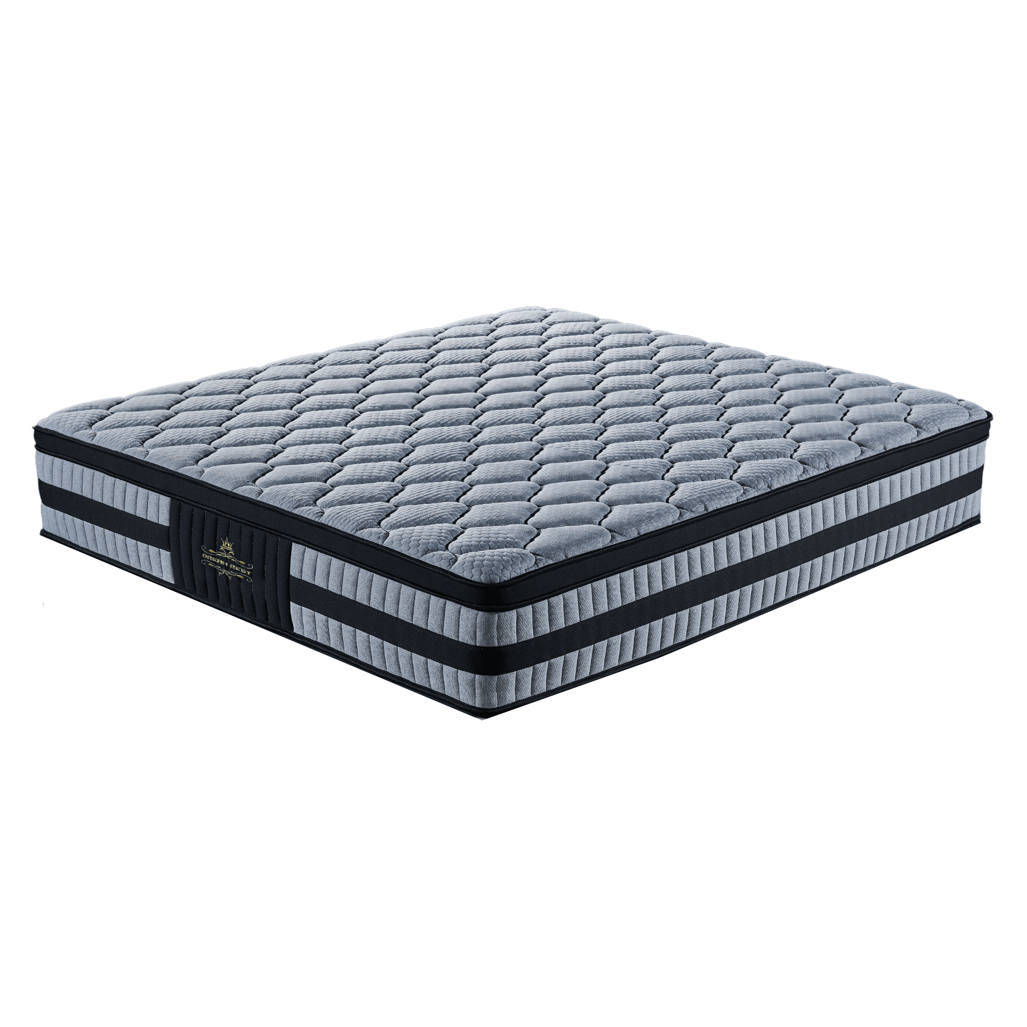 Plush grey queen mattress with quilted top and striped sides on white background