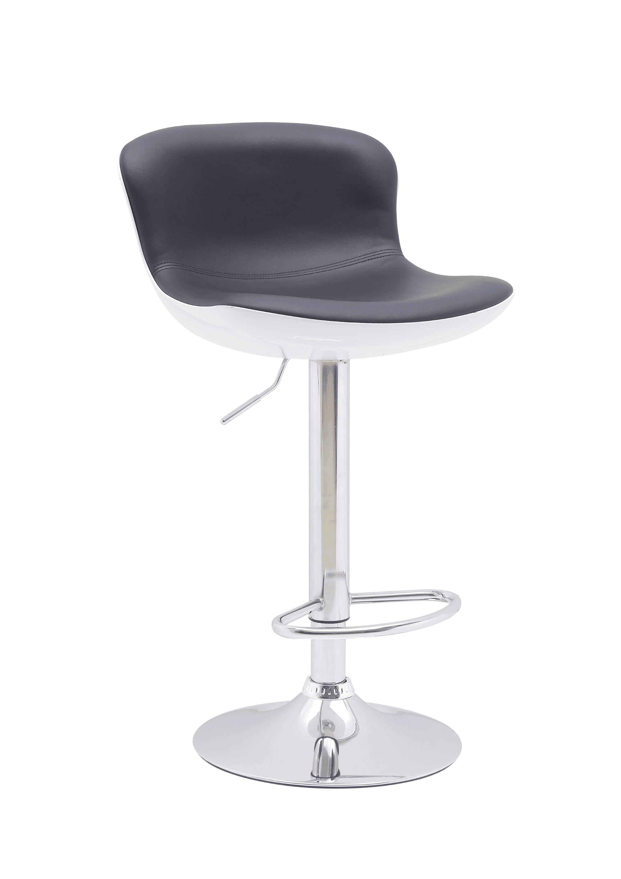 Modern black and white bar stool with chrome base and footrest on white background