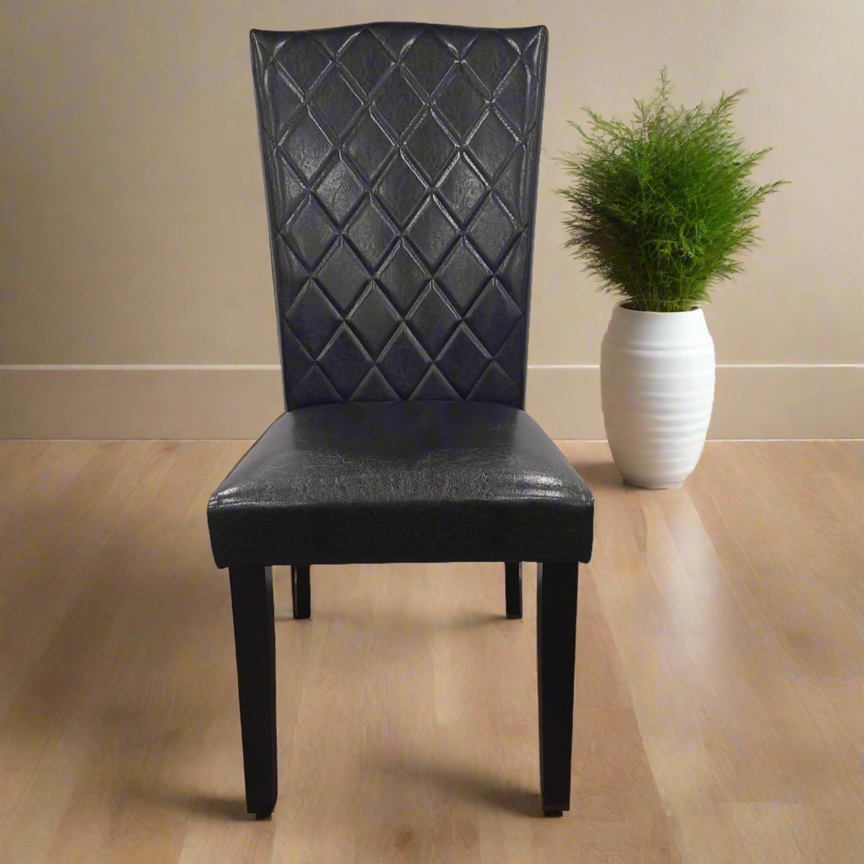 Black faux leather dining chair with diamond-stitched backrest on wooden floor