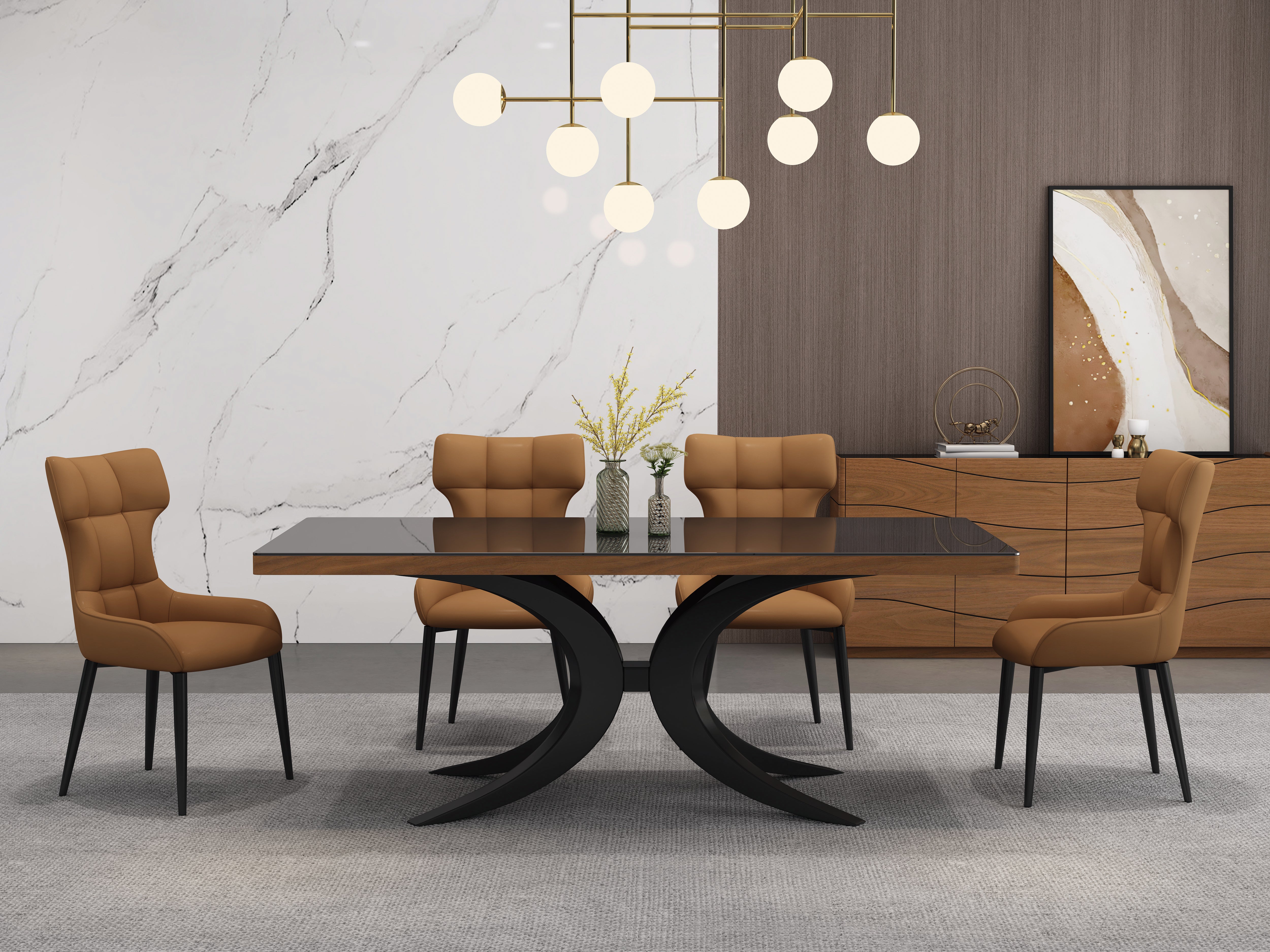 Dining room with a wooden table and brown chairs against a marble wall.