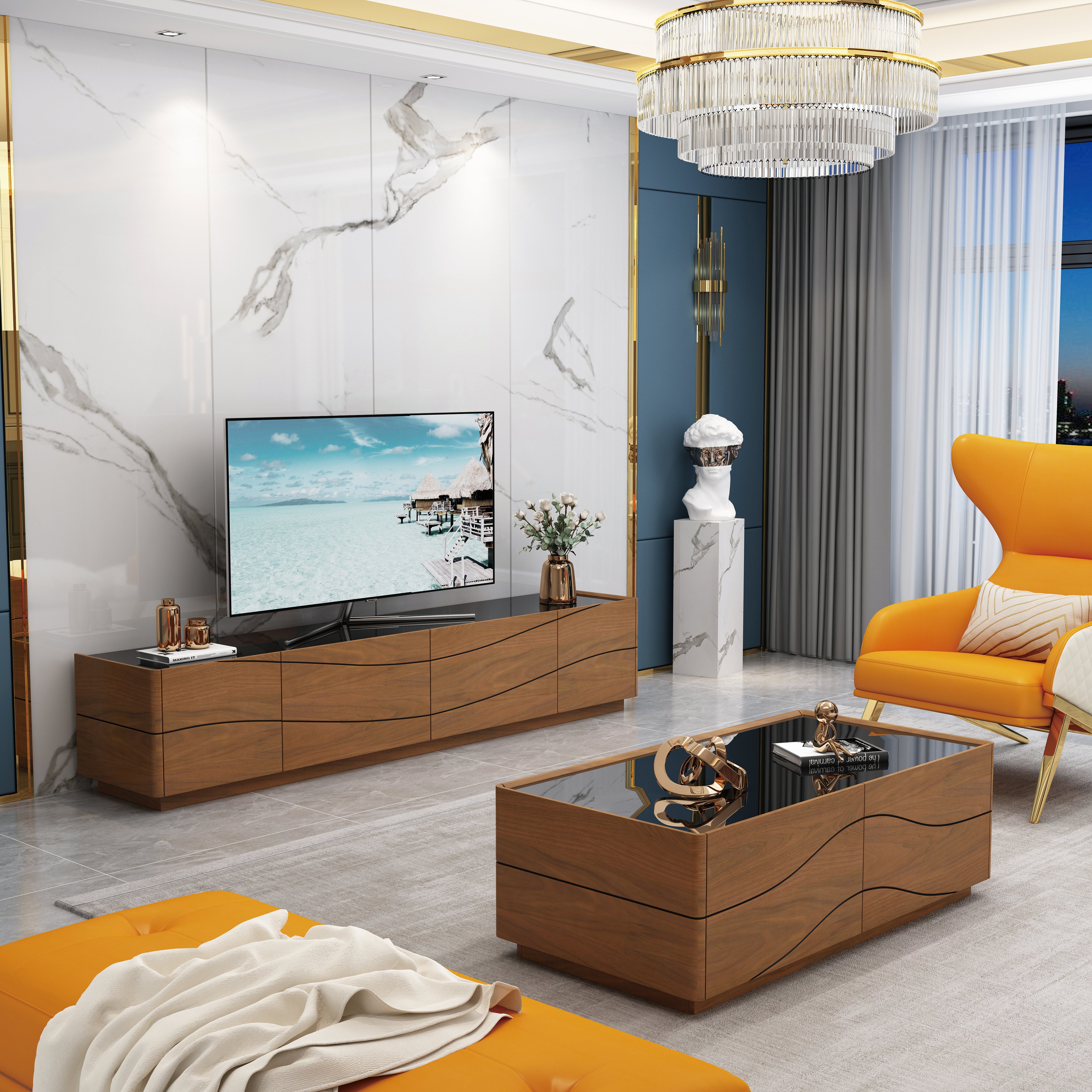 Modern living room with a television, wooden cabinet, and orange chair.