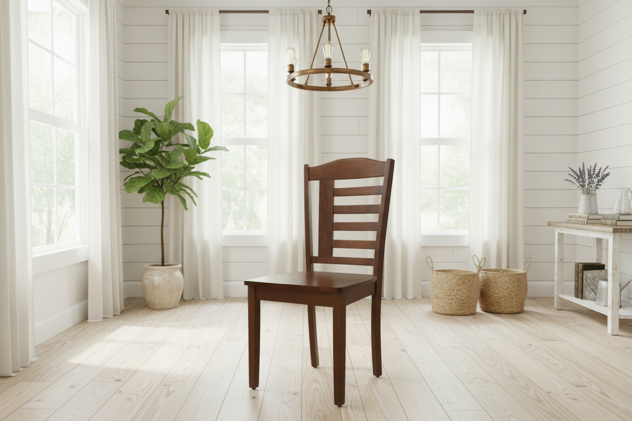 Wooden chair in a bright room with white walls and large windows.