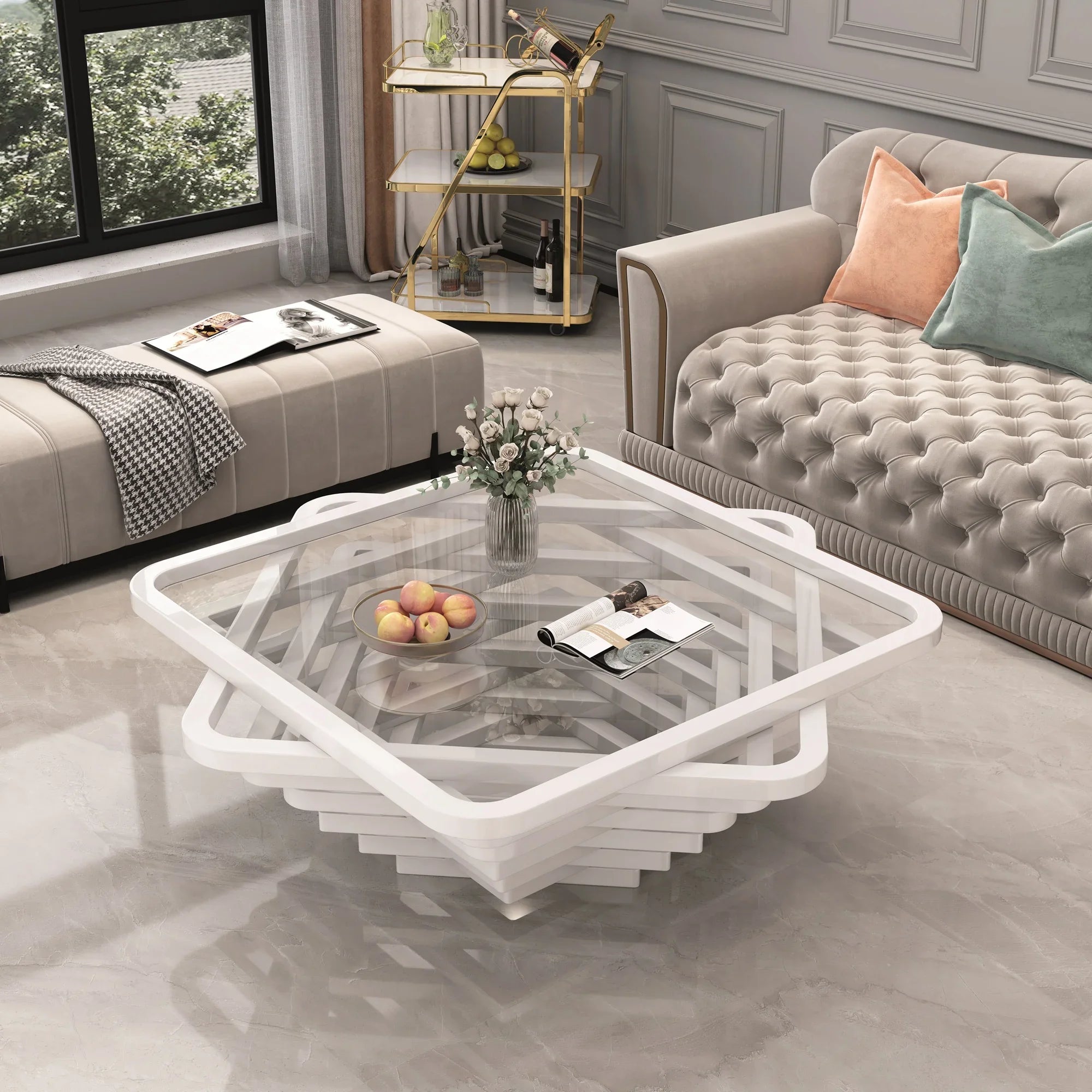 Modern living room with a stylish coffee table, sofa, and decorative items.