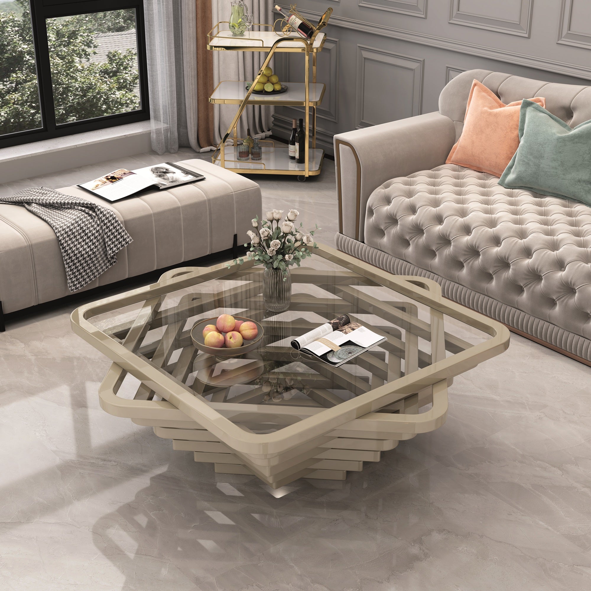 Modern living room with a decorative coffee table, sofa, and side table.