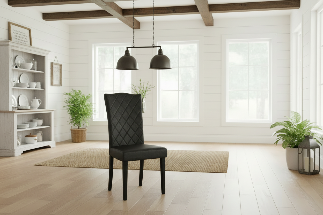 Modern interior with a black chair, white bookshelf, and large windows.