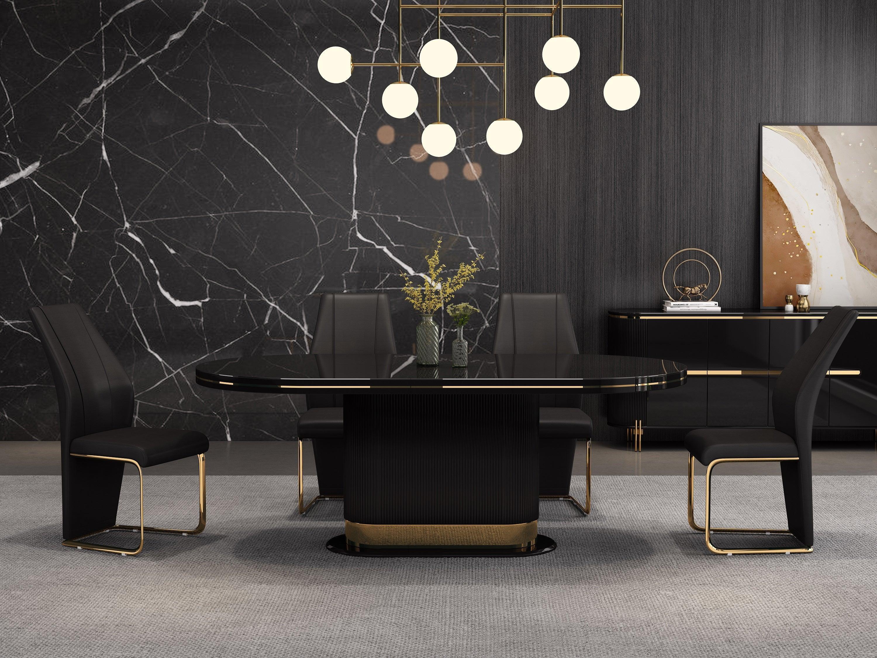 Modern black dining table set with four chairs, gold accents, and dark marble background