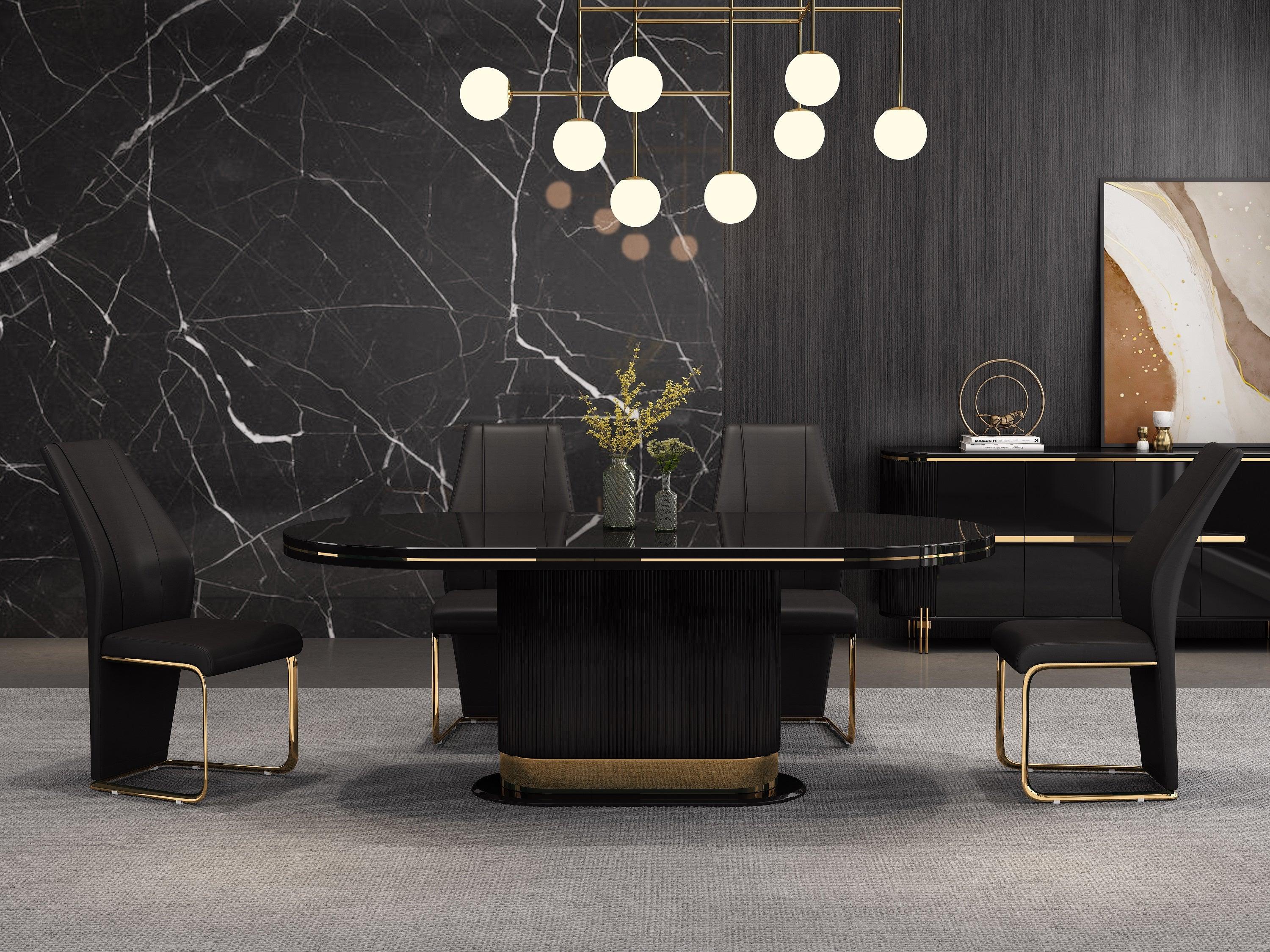 Modern black dining table set with gold accents and six chairs in a stylish dining room
