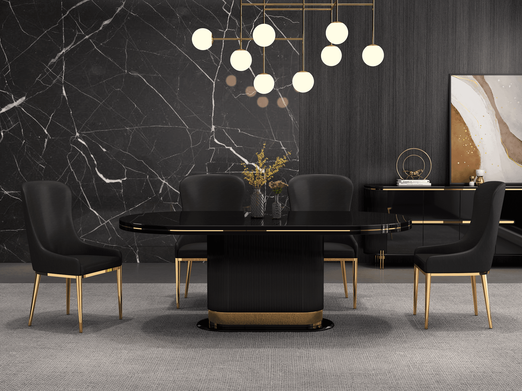 Dazzle Dining Table - Black Glass Top with Golden Accents - Modern Luxury Furniture