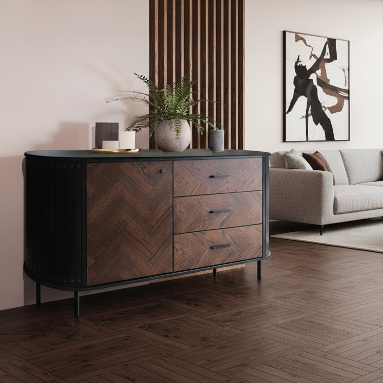 Modern living room with wooden sideboard, gray sofa, and large window.