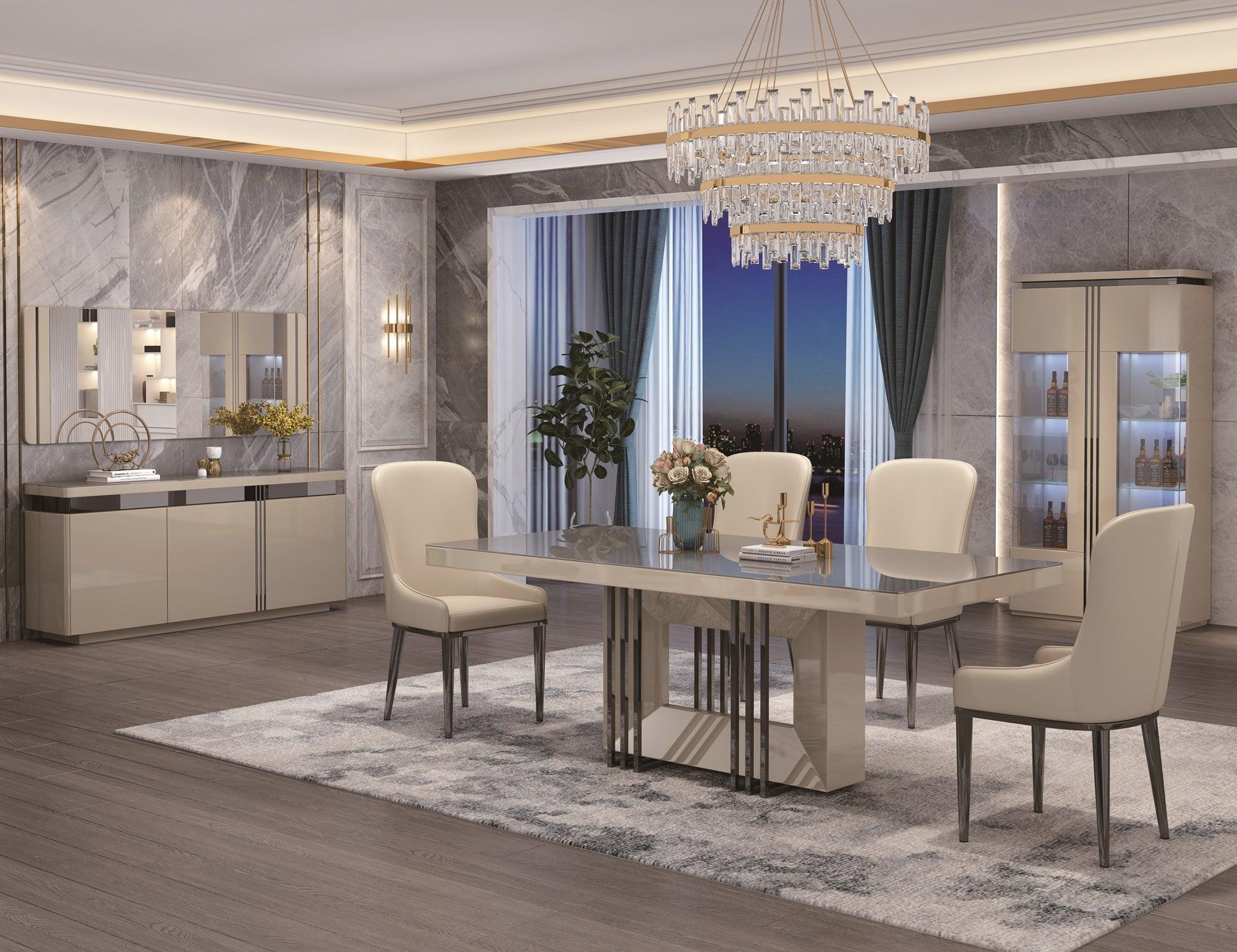A modern dining table with a grey and black tempered glass top, surrounded by beige chairs, set in a stylishly decorated dining room.