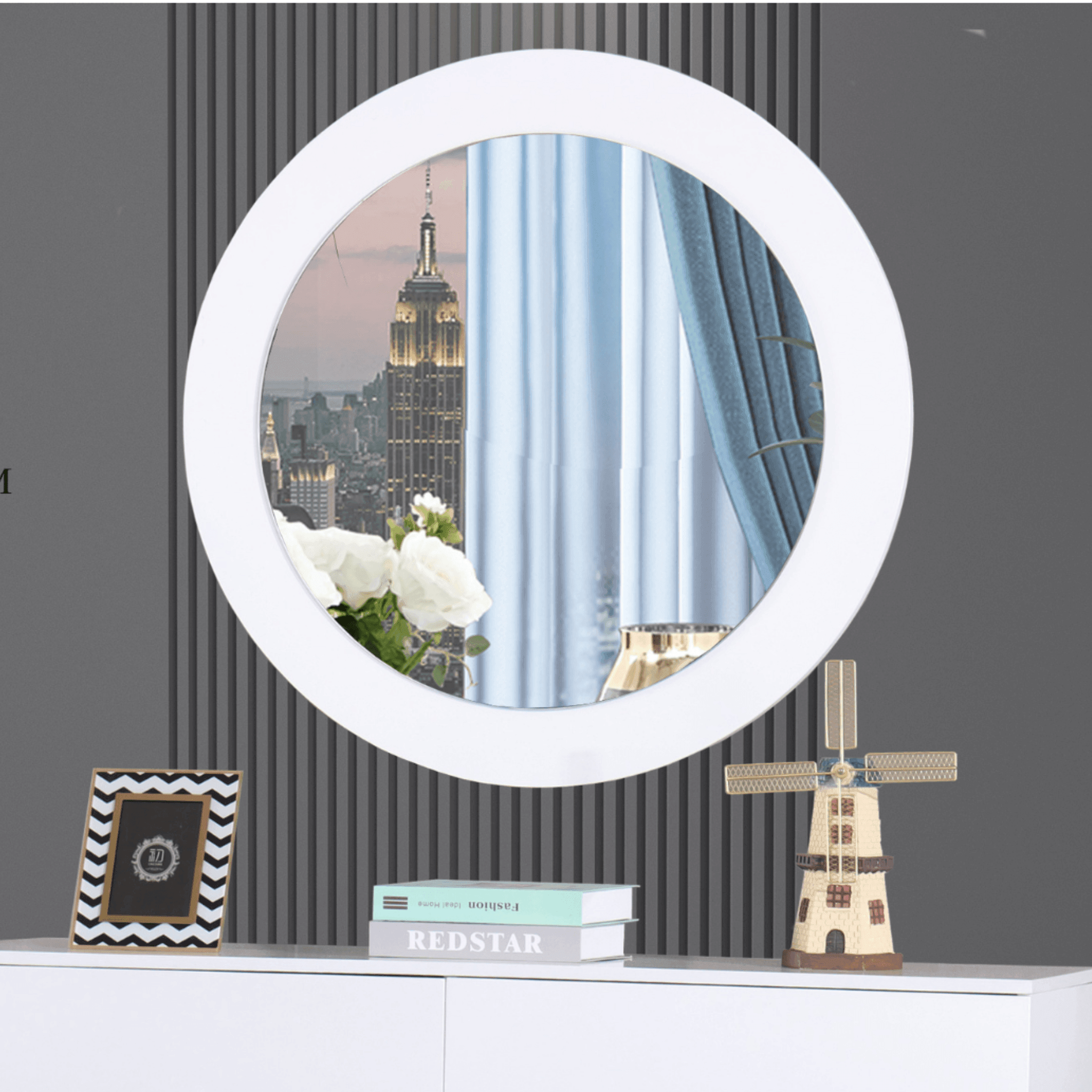 Destiny White Round Mirror. Modern white frame, brightening any room. Available in Brisbane & Gold Coast.