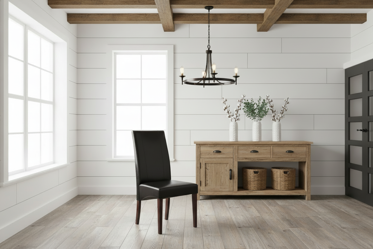 Dining room with wooden sideboard, black chair, and decorative items.