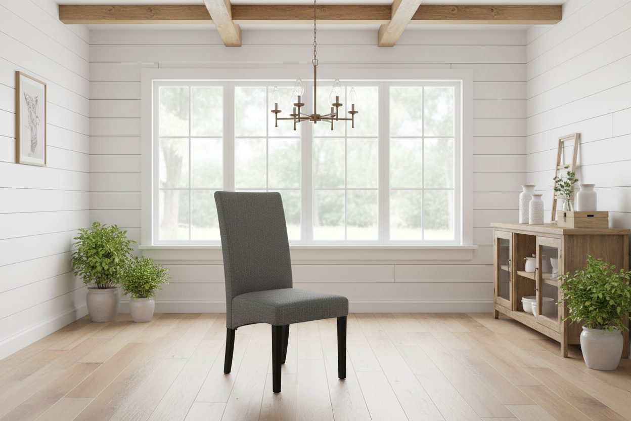 Gray chair in a modern living room with white walls, wooden floor, and decorative elements.