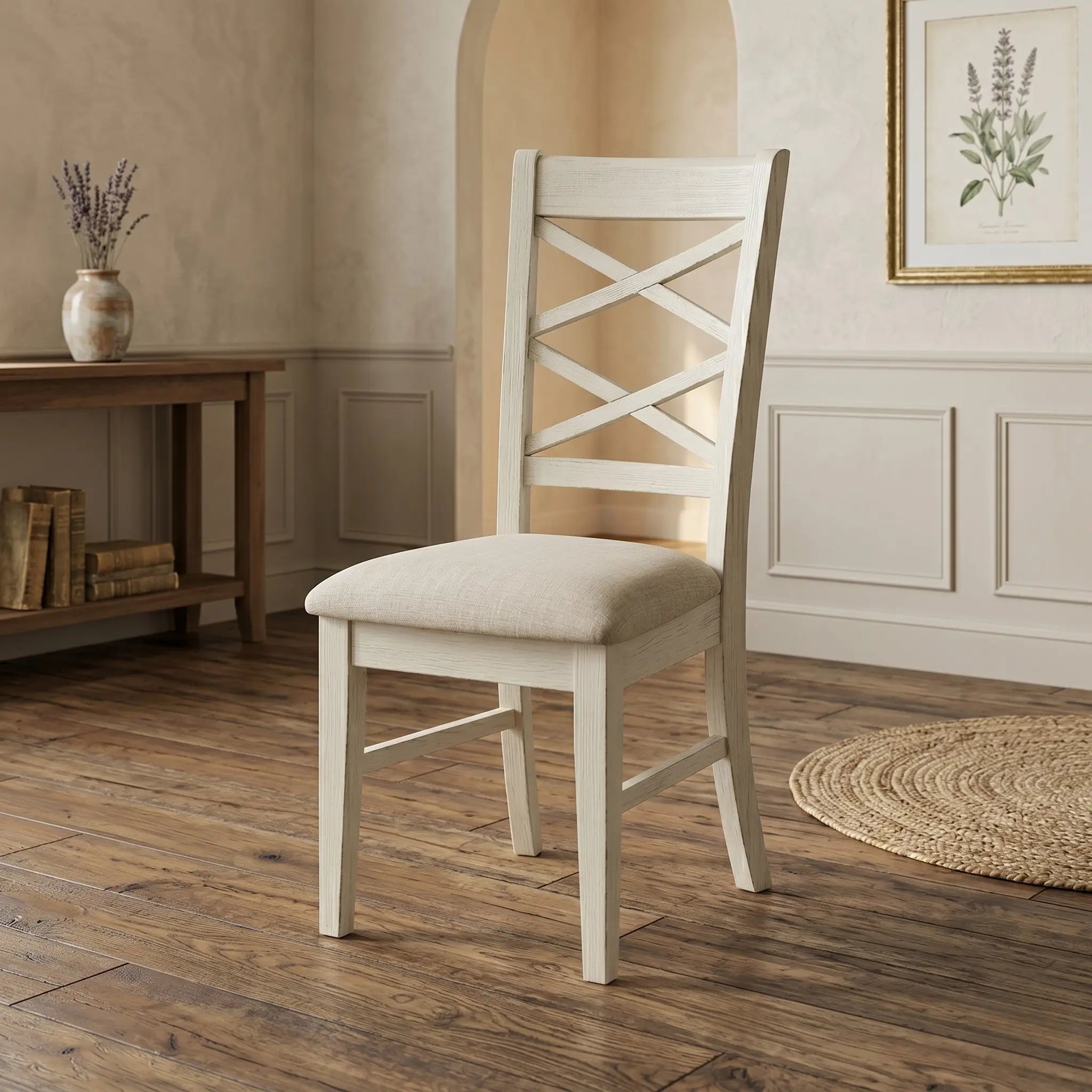 White wooden chair with a cushioned seat in a room with wooden flooring and a small table.